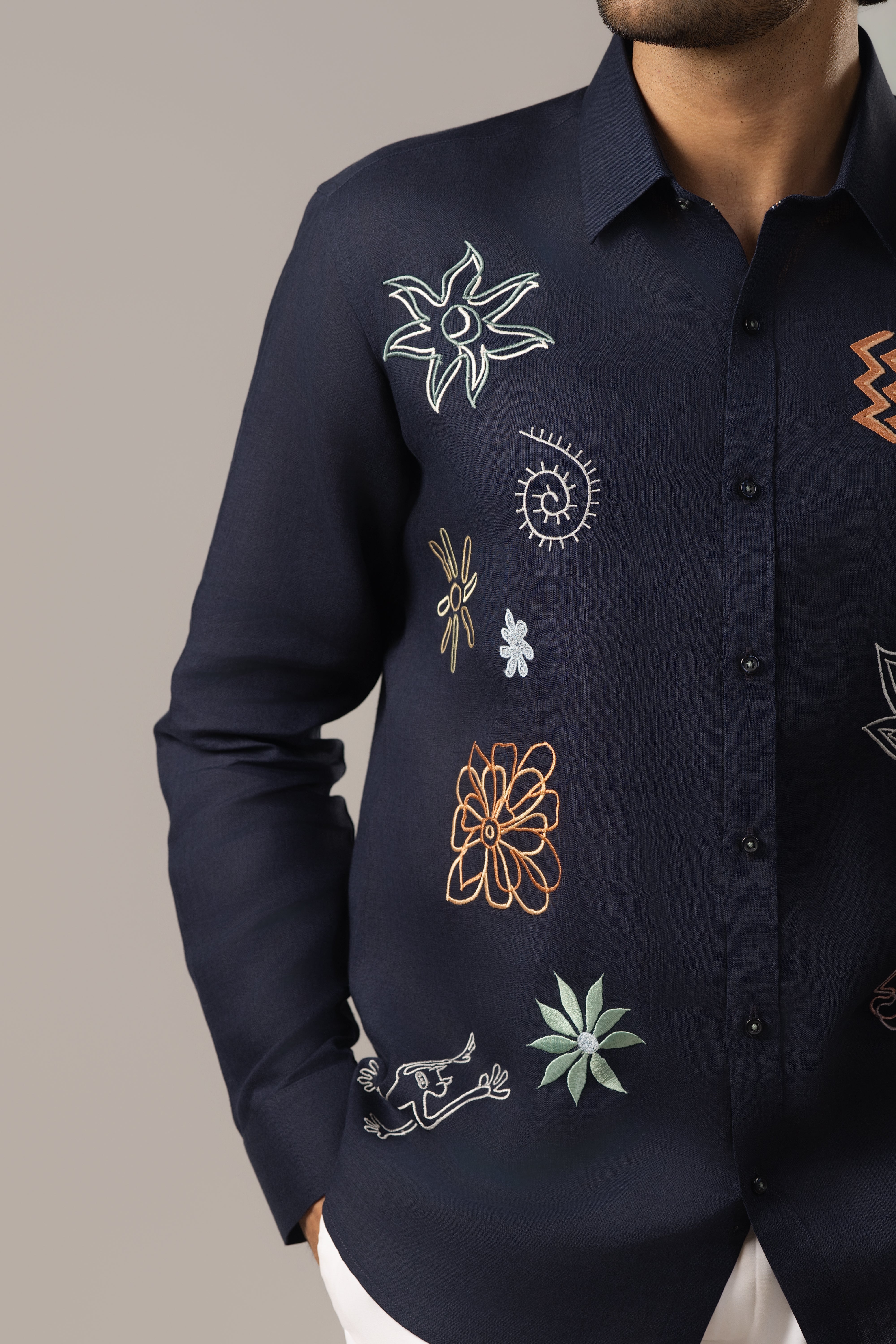 The Midnight Scatter Shirt — Navy Multi-Symbol Embroidered