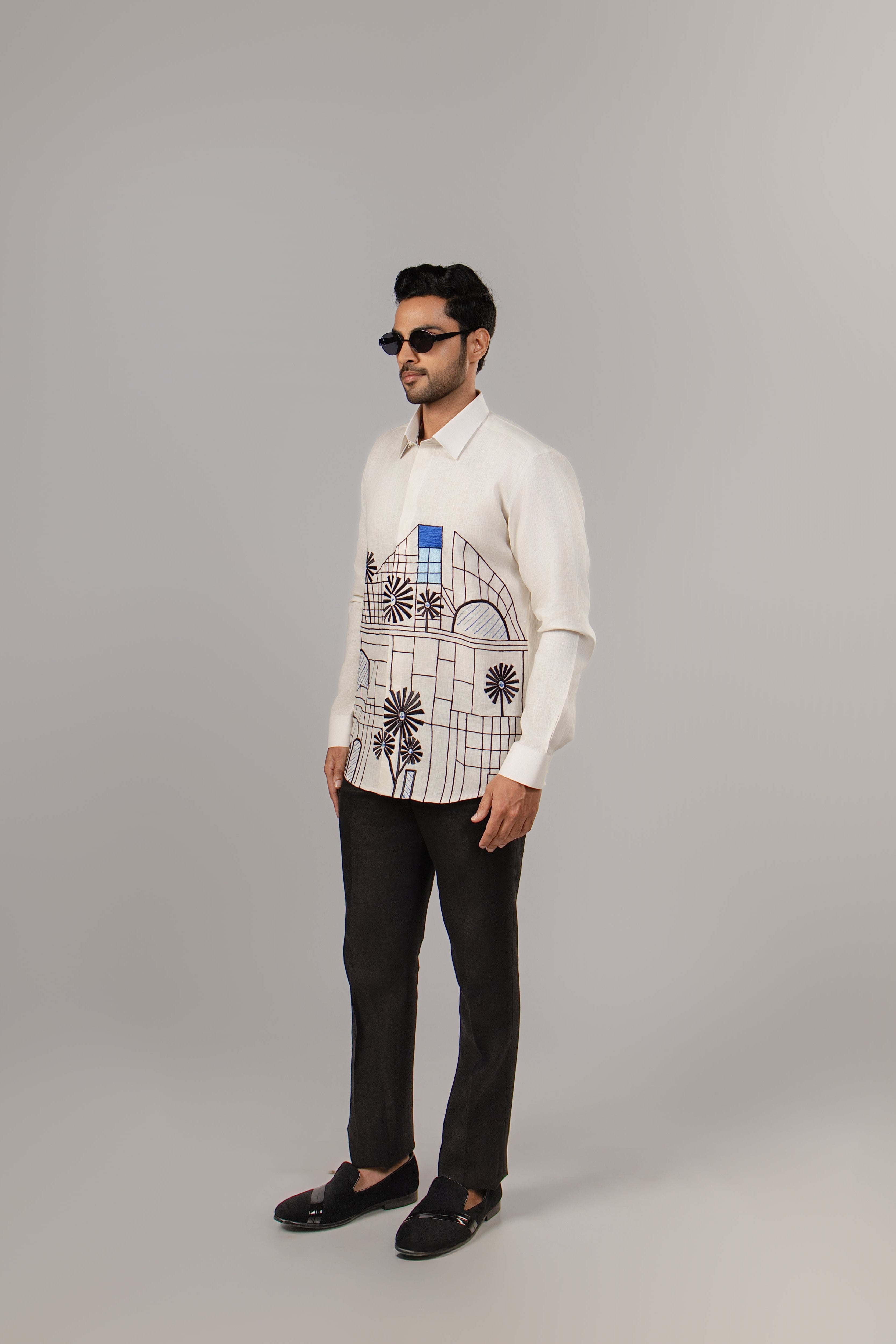 The Grid City Shirt — Cream Urban Embroidered