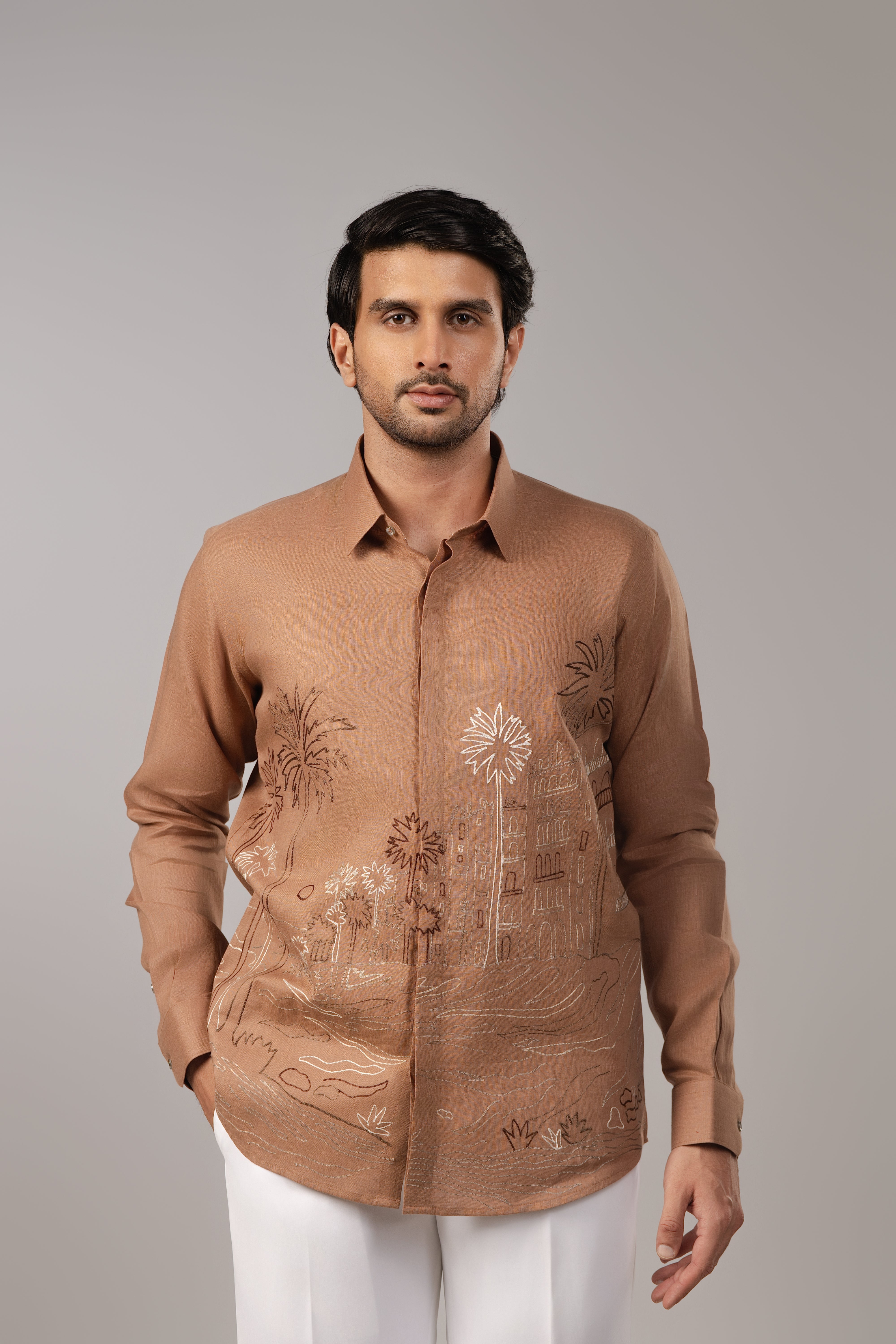The Oasis Shirt — Camel Tropical Embroidered