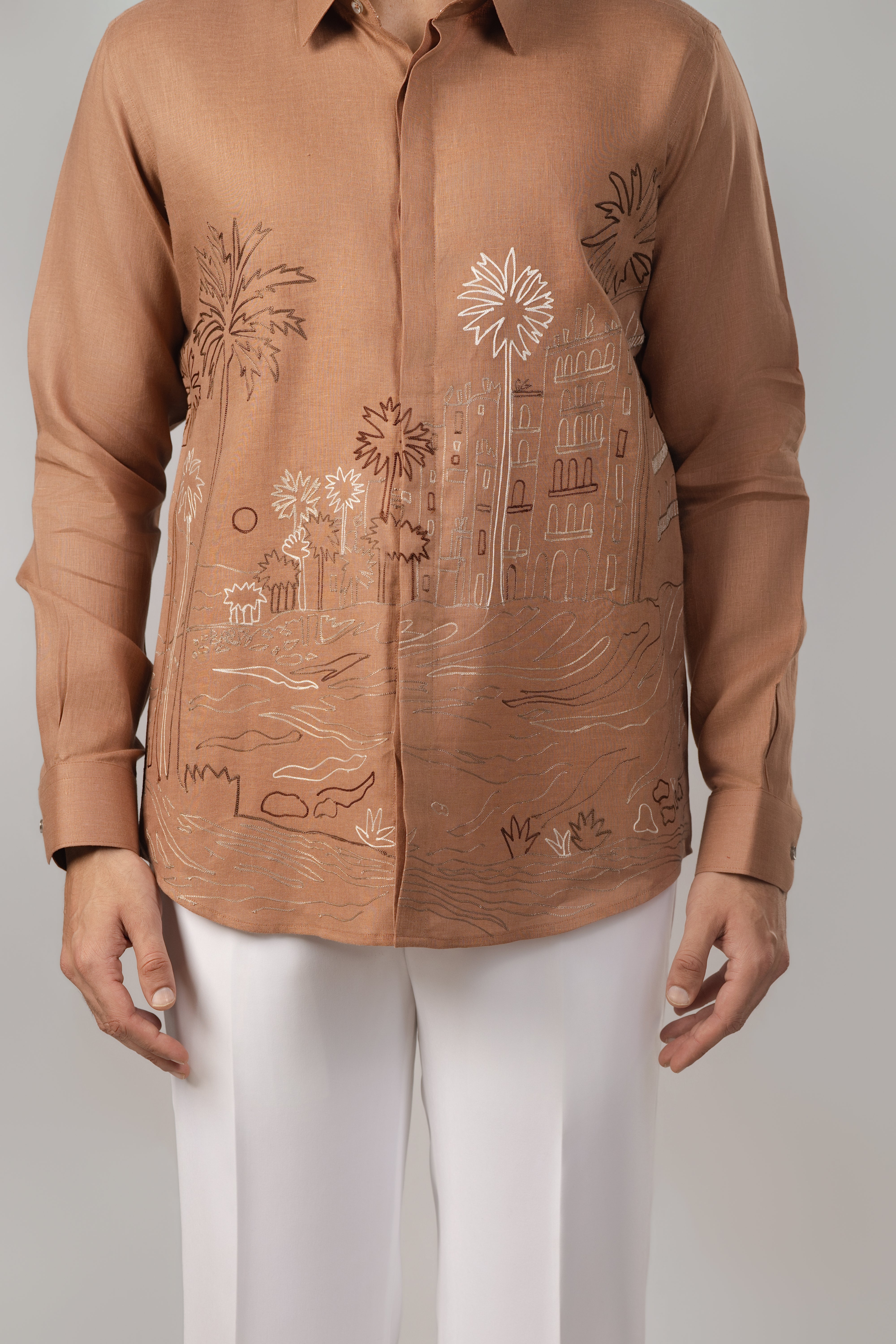 The Oasis Shirt — Camel Tropical Embroidered