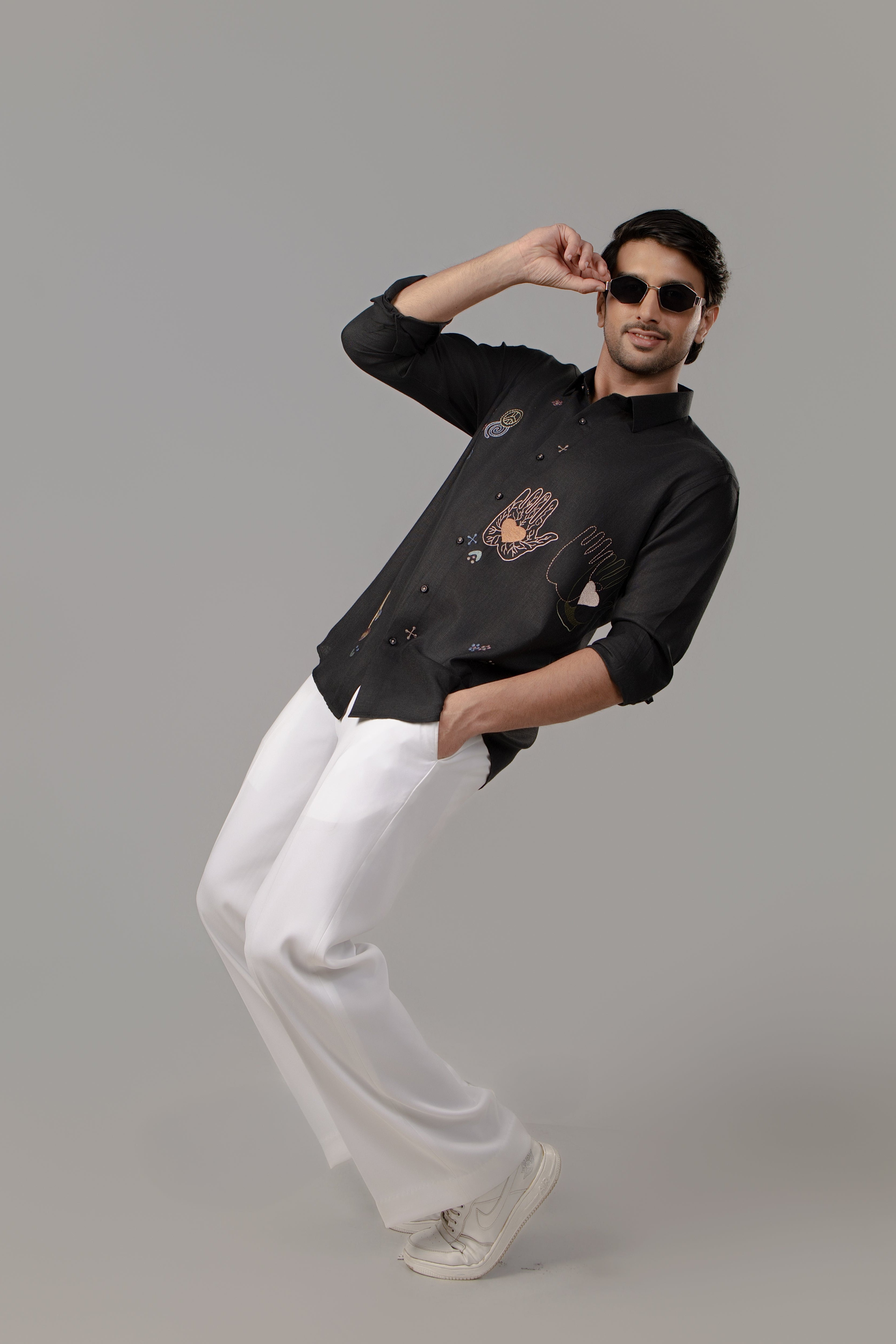 Black Shirt with Scattered Mystic Symbol Embroidery in Multicolour Thread