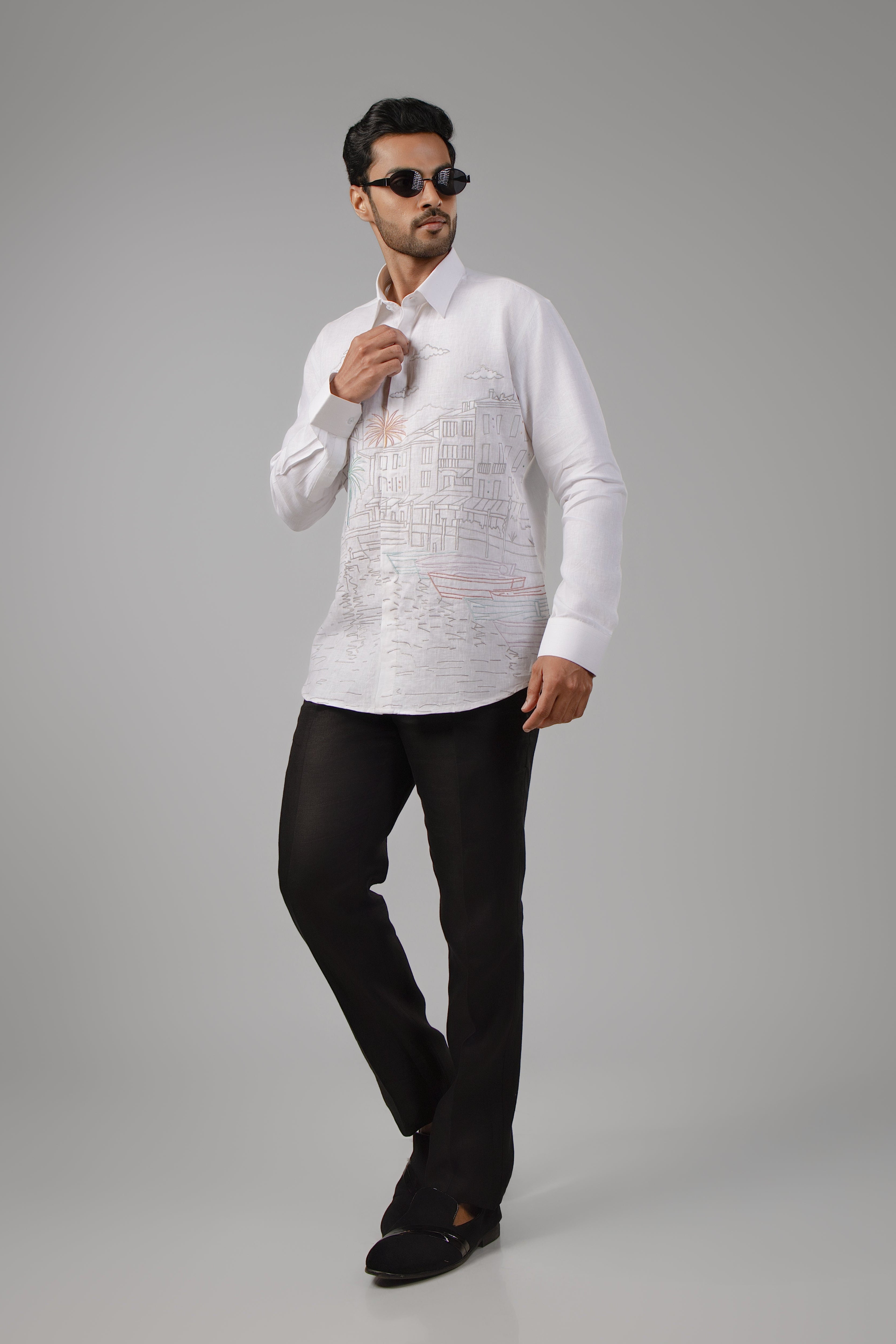White Shirt with Mediterranean Cityscape Line-Art Embroidery