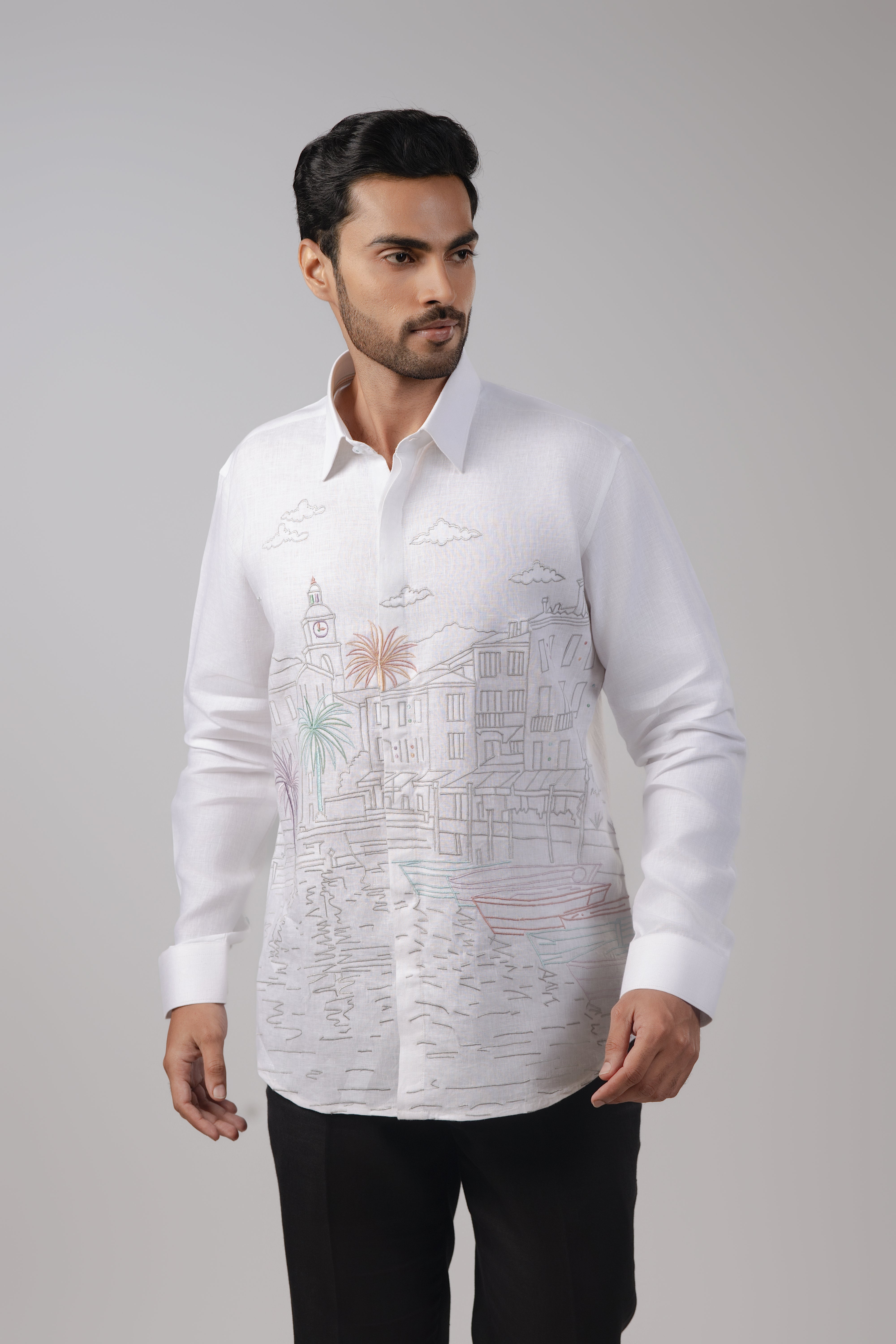 White Shirt with Mediterranean Cityscape Line-Art Embroidery