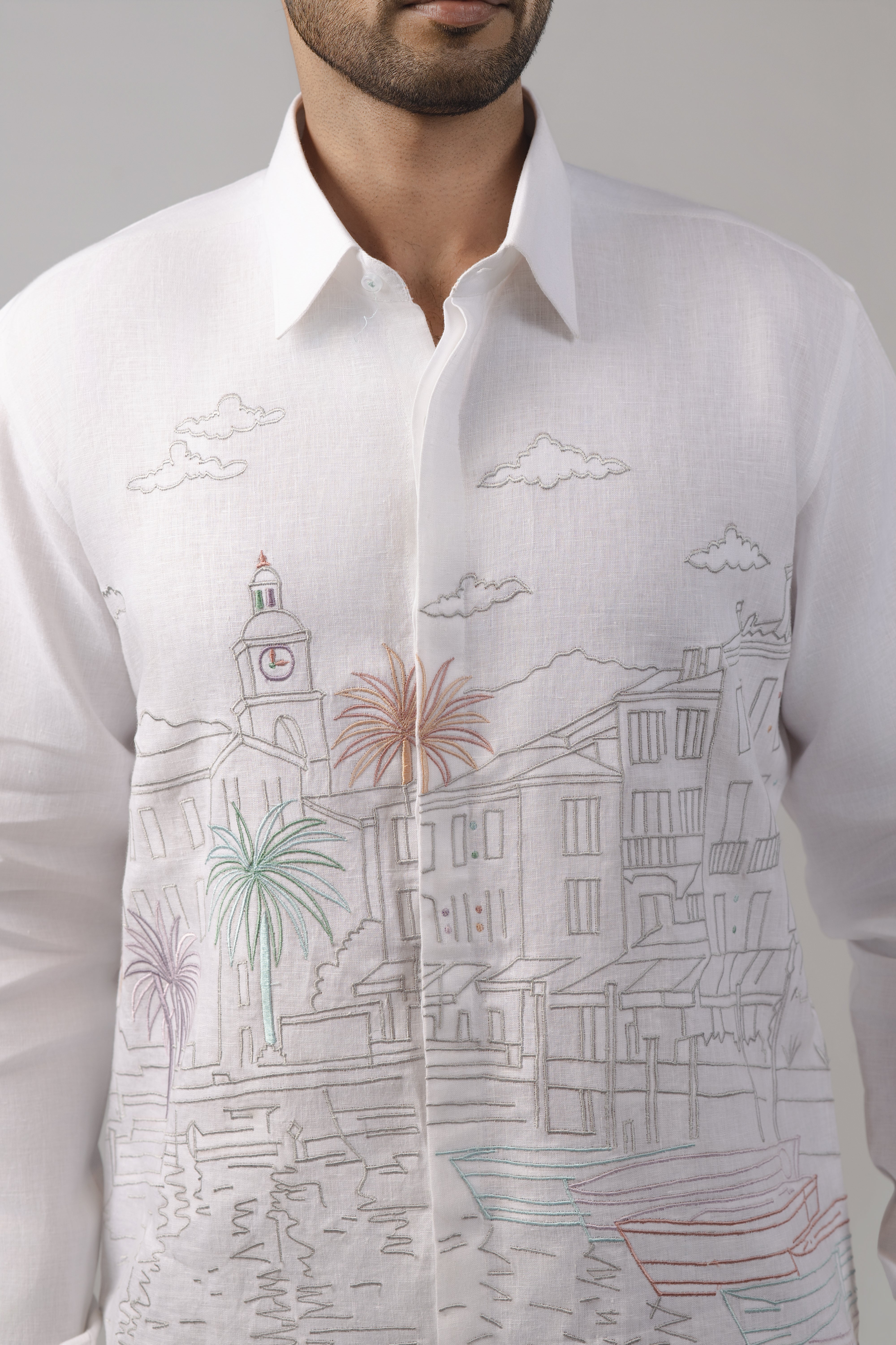 White Shirt with Mediterranean Cityscape Line-Art Embroidery