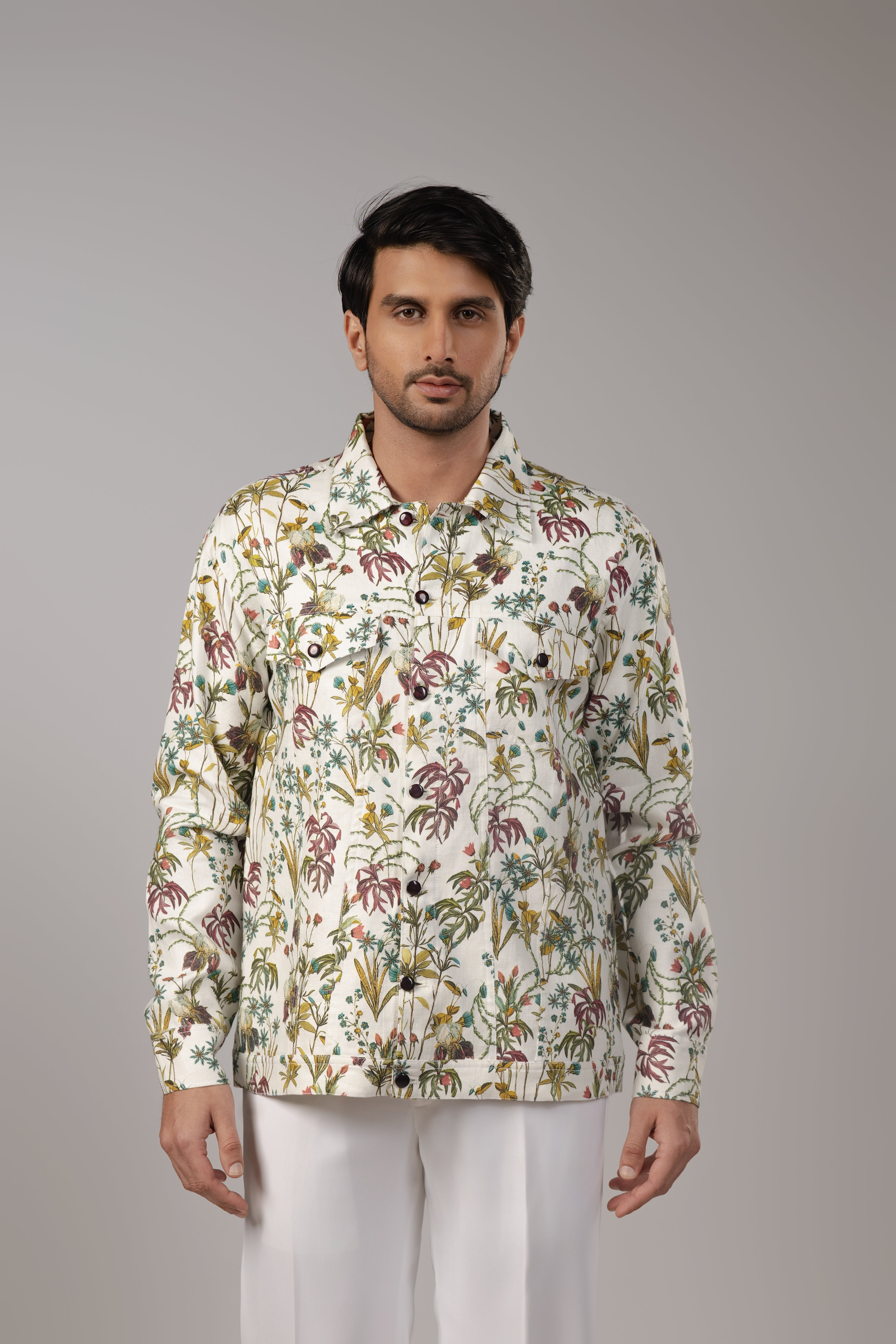 Wild Meadow Botanical Print Sacket with Gunmetal Snap Buttons