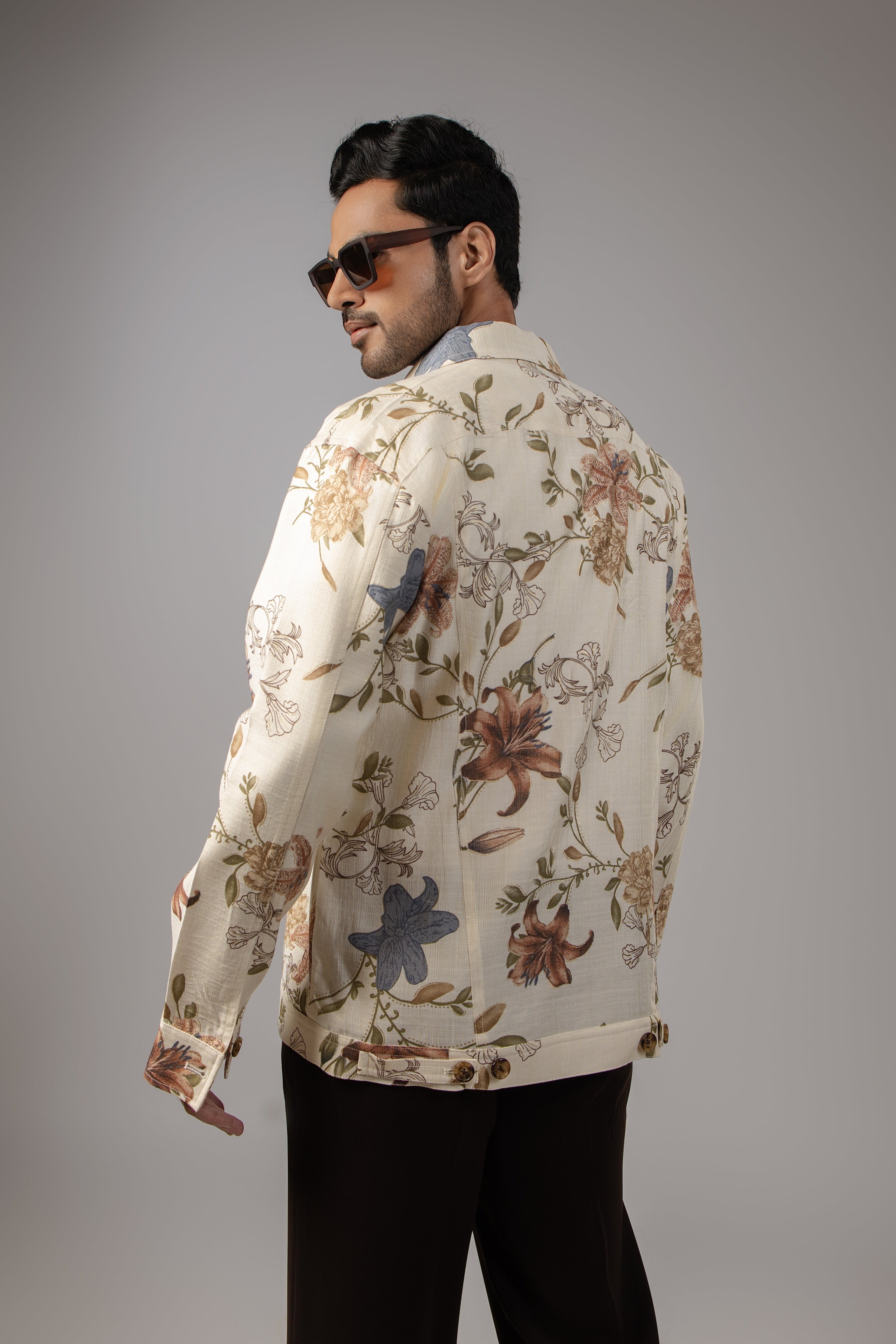 Cream Watercolour Botanical Print Sacket with Wide Lapel
