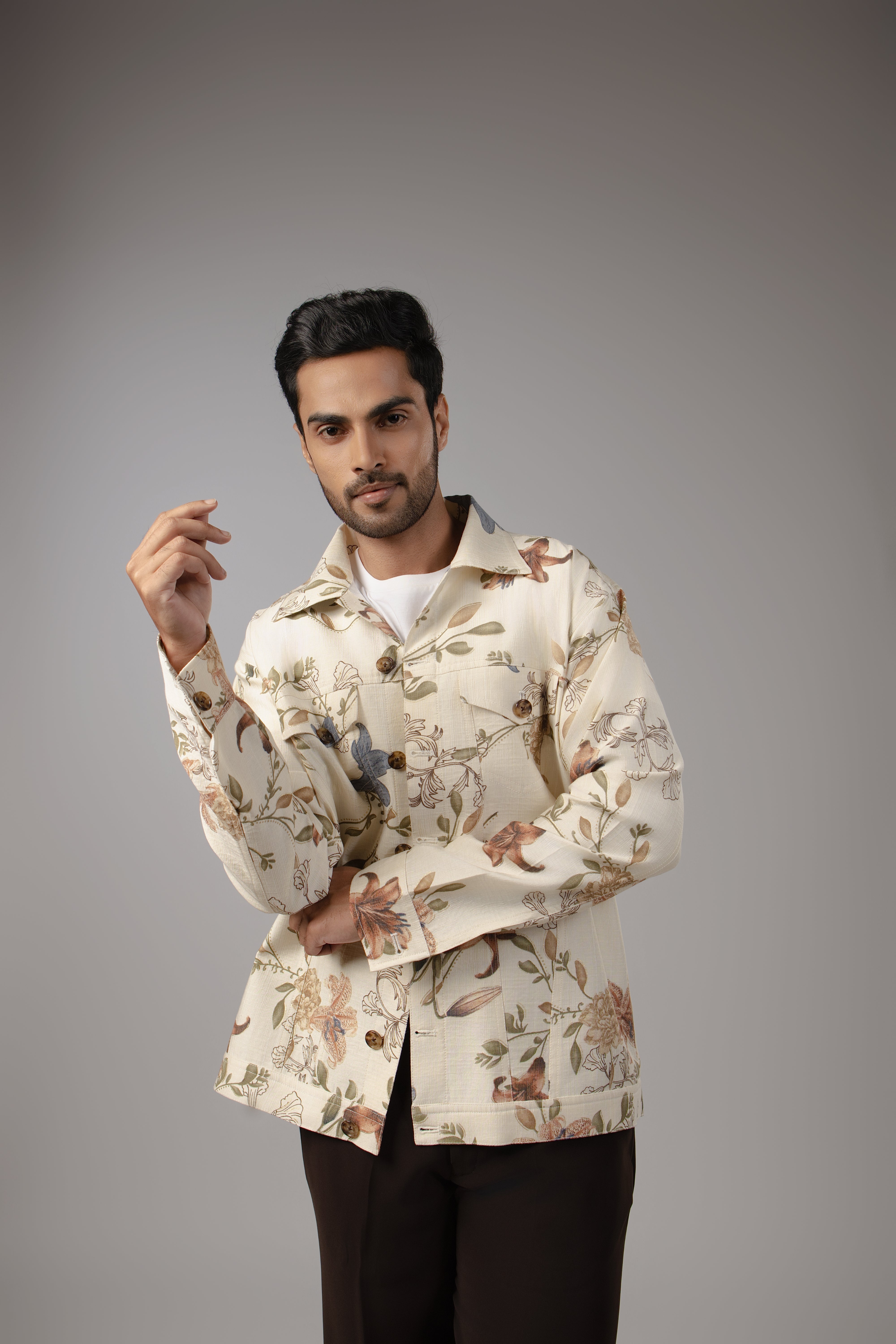 Cream Watercolour Botanical Print Sacket with Wide Lapel