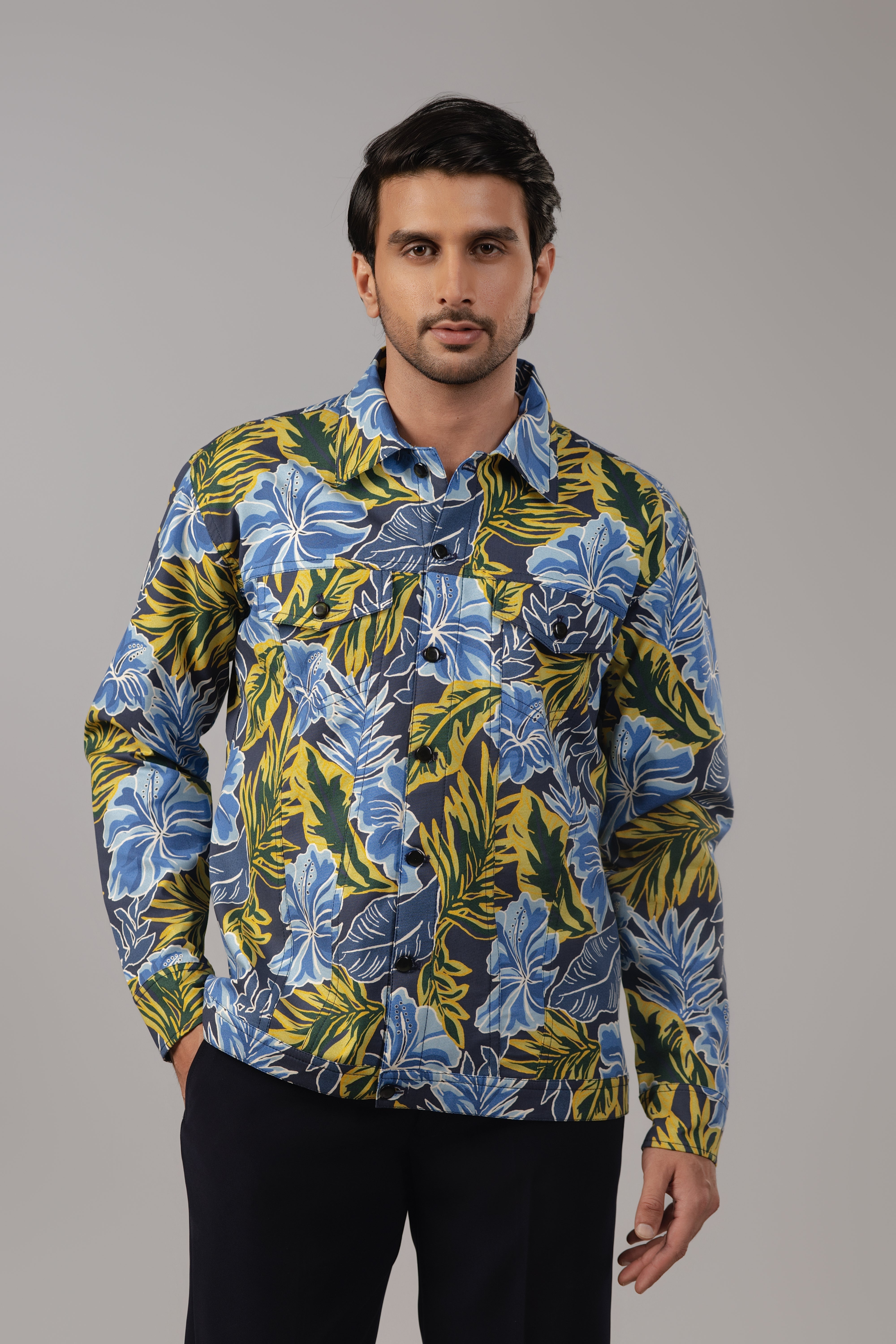 Tropical Bloom Full-Print Sacket in Blue Hibiscus and Gold Foliage