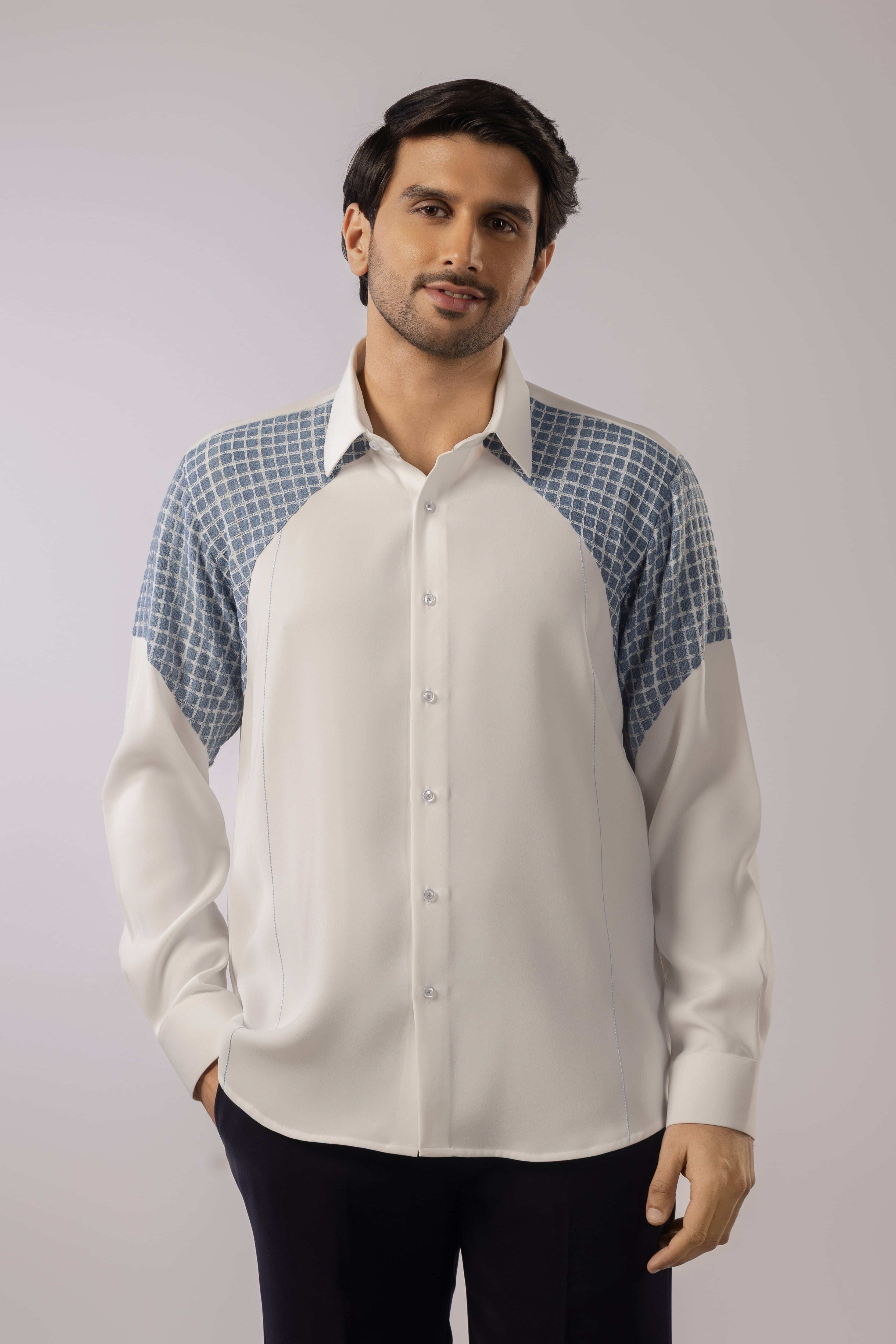 Off-White Shirt with Slate Blue Geometric Shoulder and Sleeve Panels