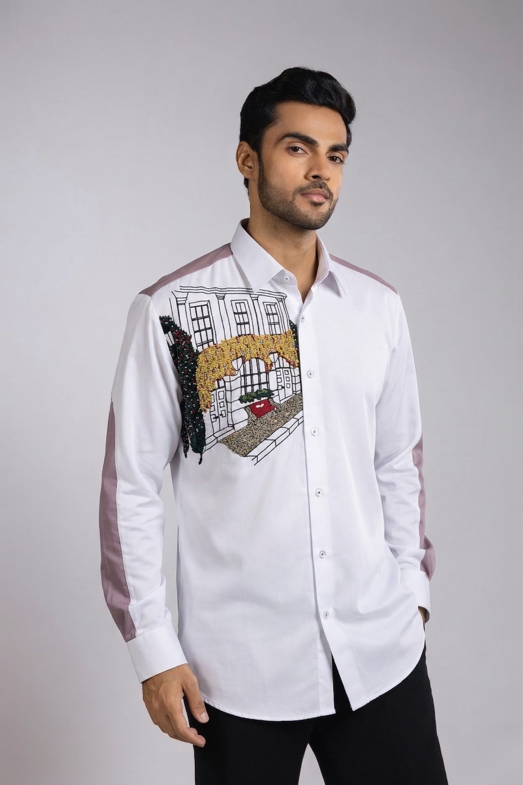White Mauve Panel Grand Facade Embroidered Shirt