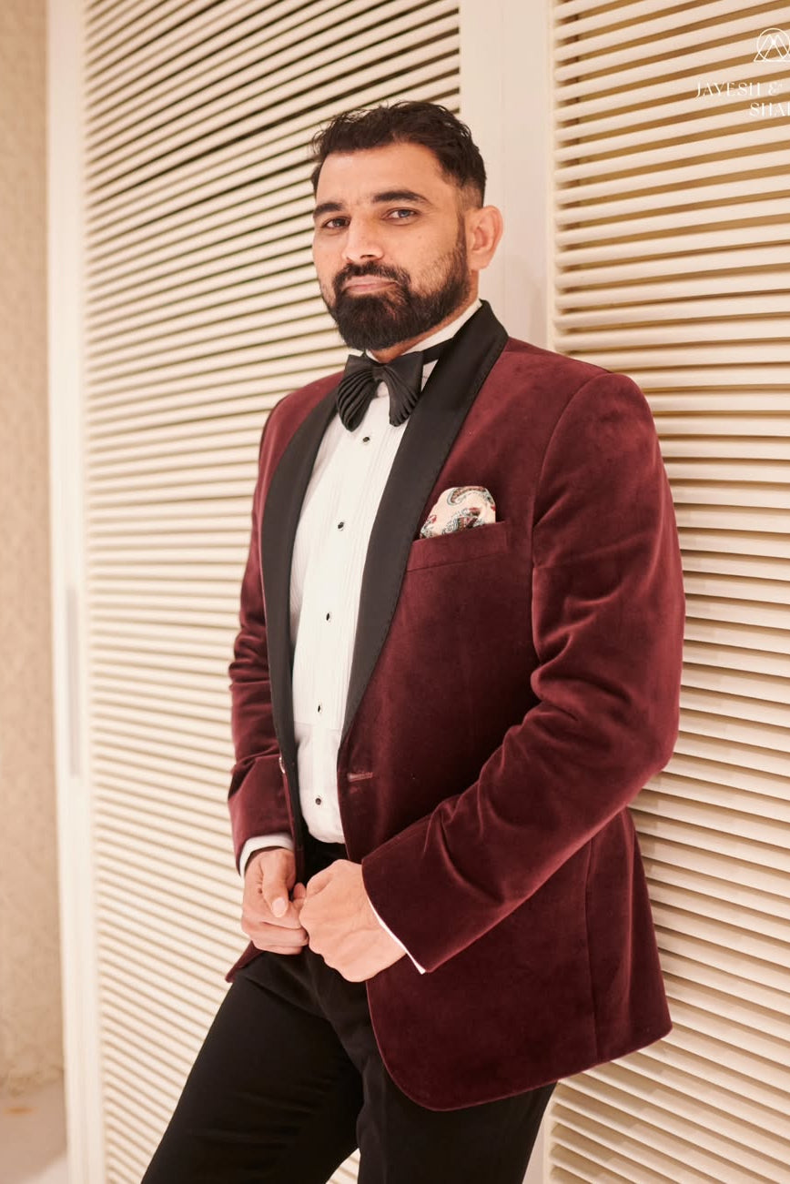 Mohammed Shami in Burgundy Velvet Tuxedo Blazer