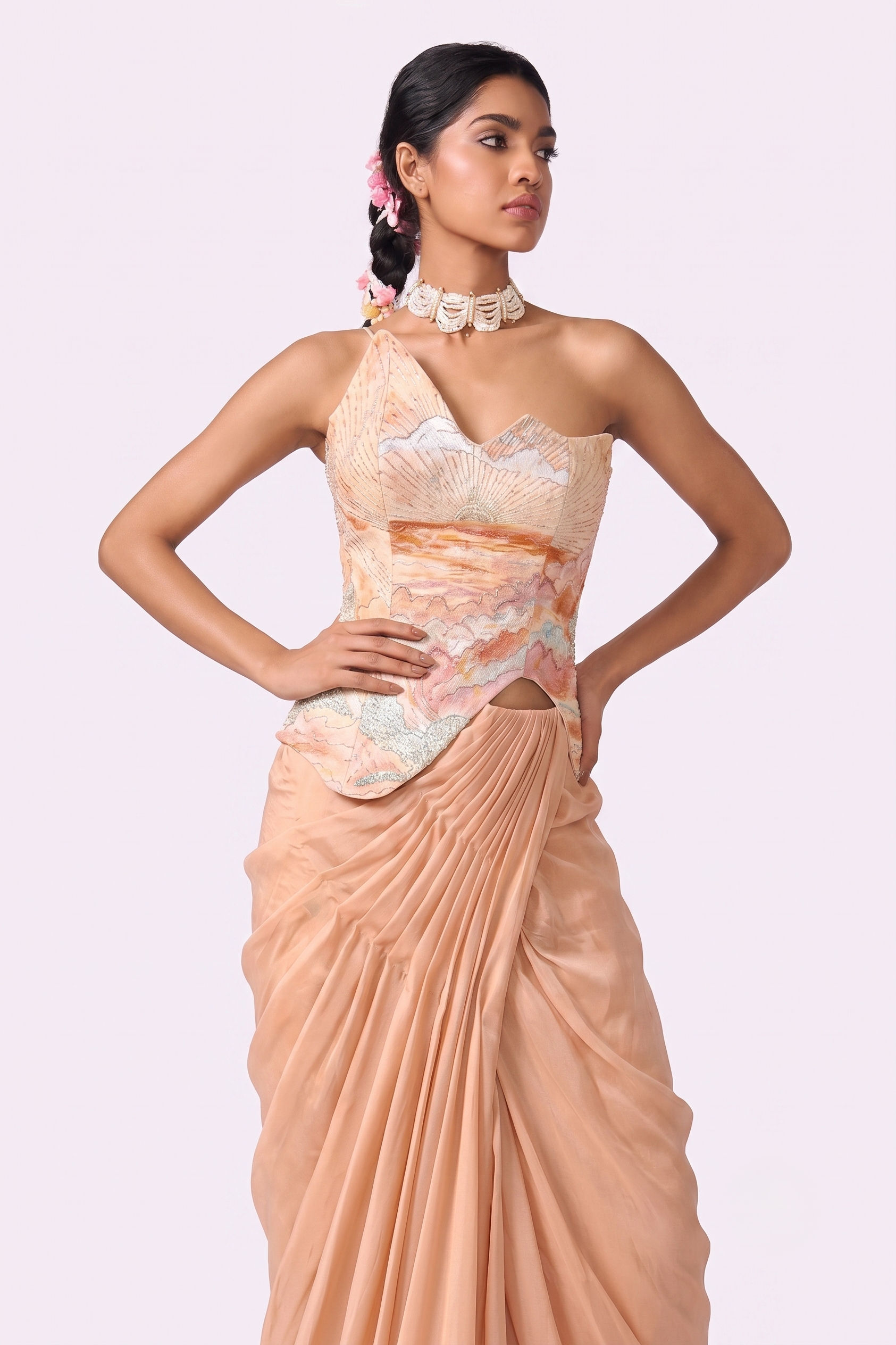 Peach Sunrise Corset Saree - Full View