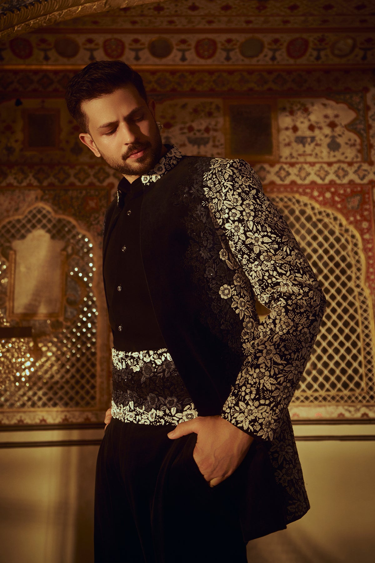 Navy Blue Floral Indo Western