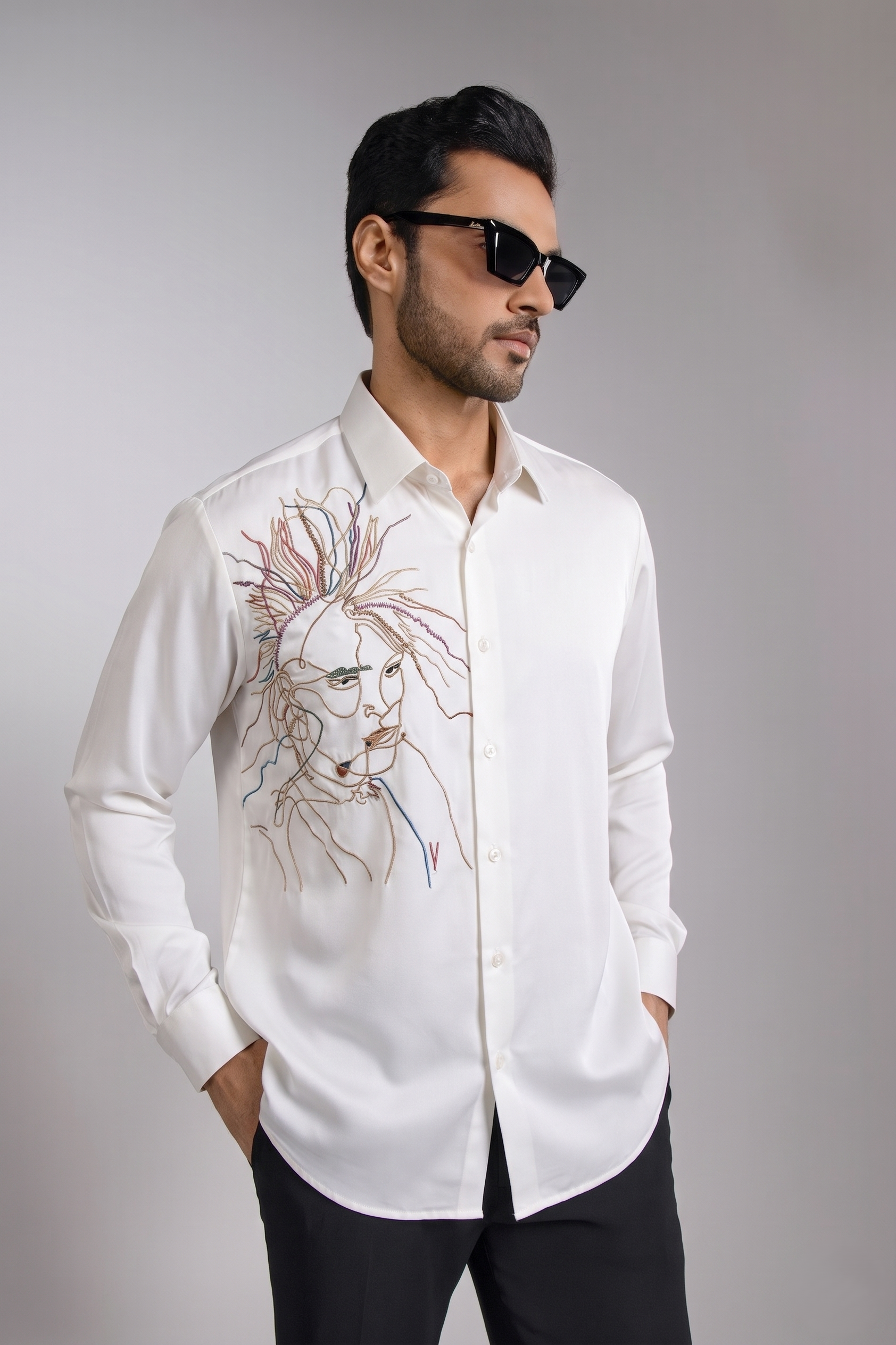 Off-White Feminine Face Line Art Embroidered Shirt