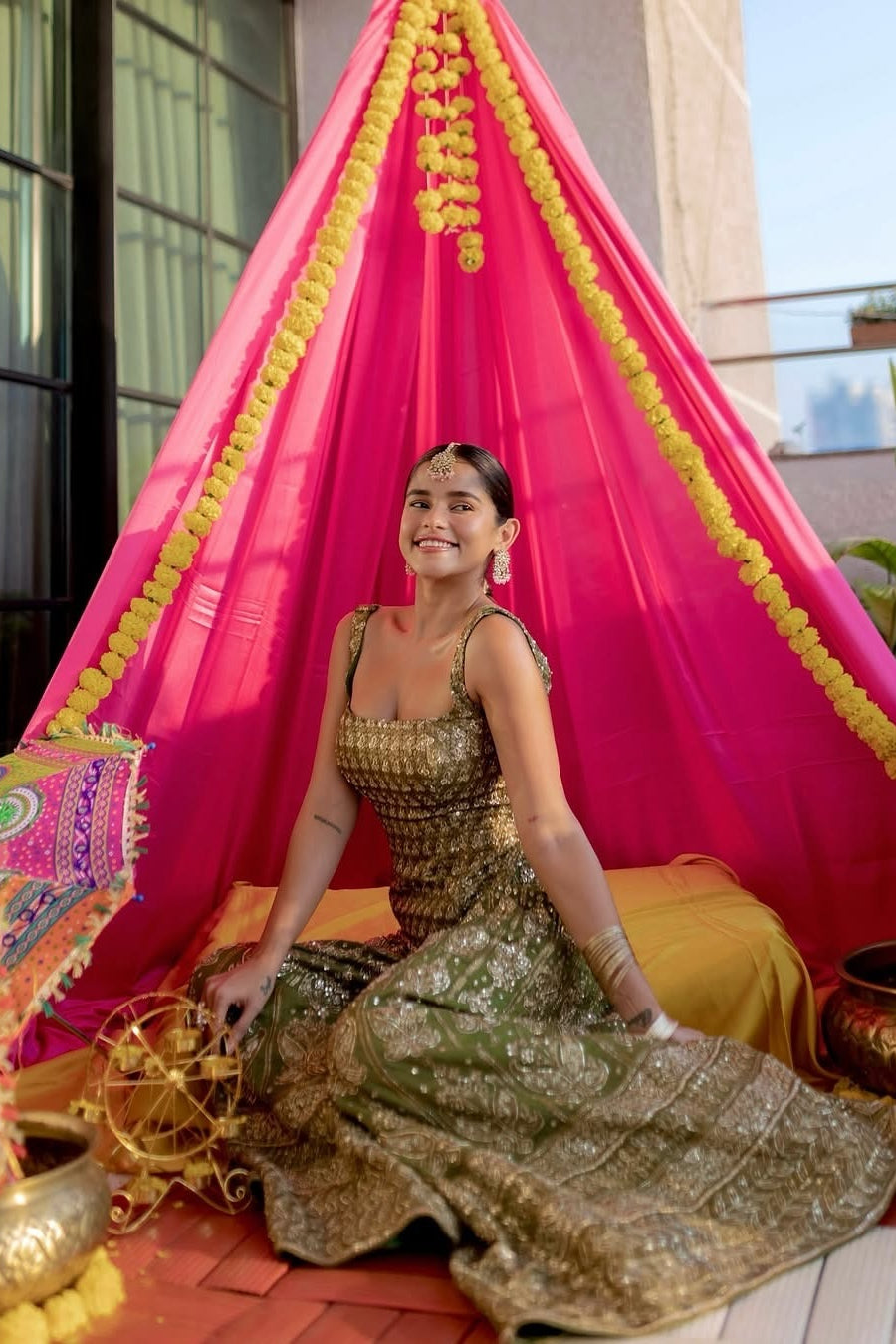 Meghna Kaur in Sage Green Gold Embroidered Corset Gharara Set