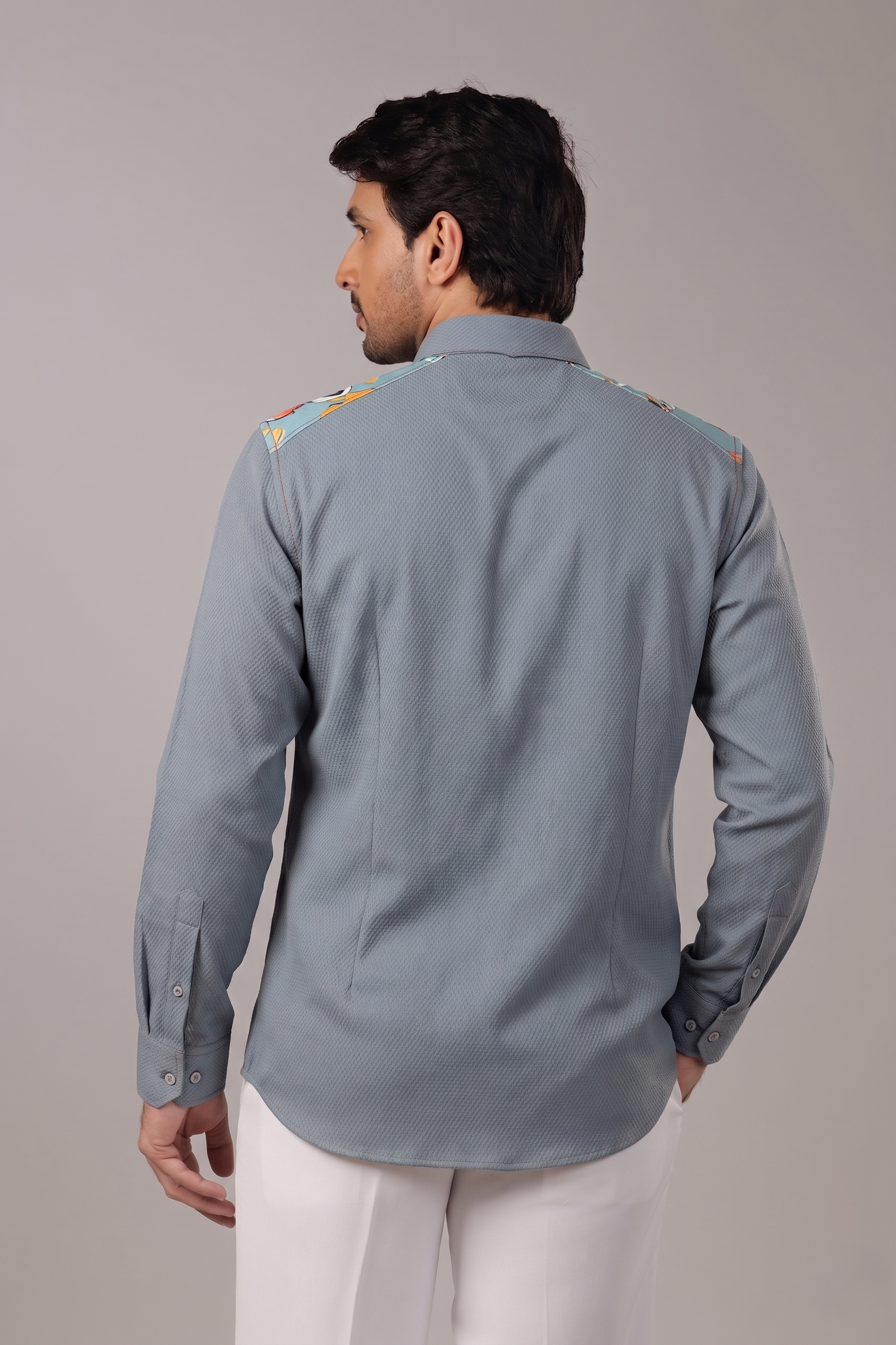 Steel Blue Textured Printed Yoke Panel Shirt