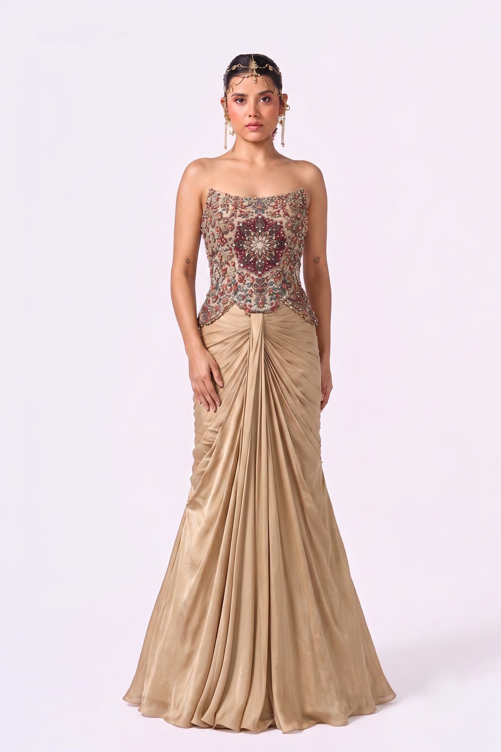 Champagne Medallion Draped Gown - Full View