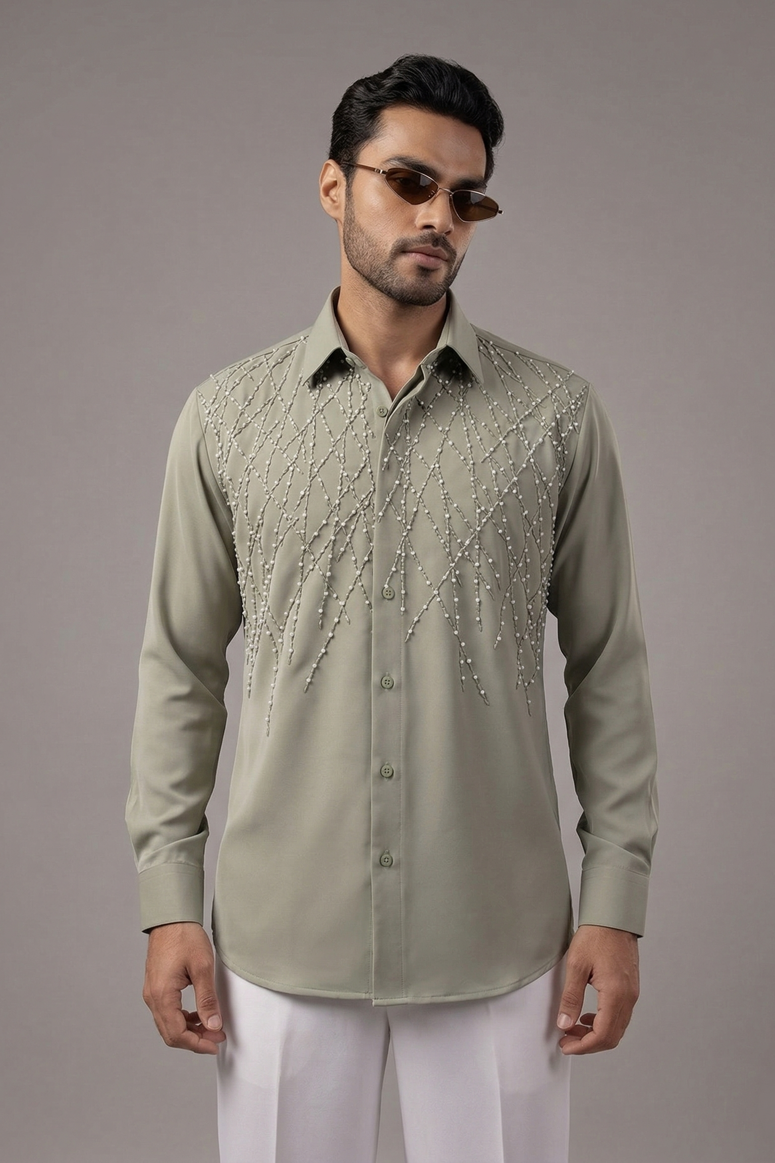 Sage Green Pearl & Thread Lattice Embellished Shirt