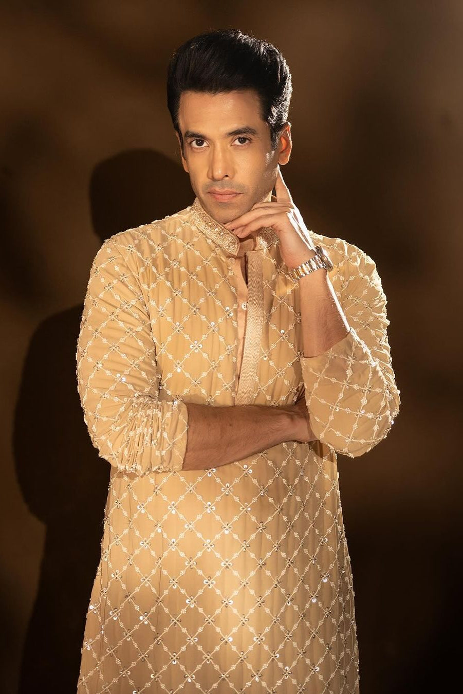Tusshar Kapoor - Champagne Lattice Kurta Set