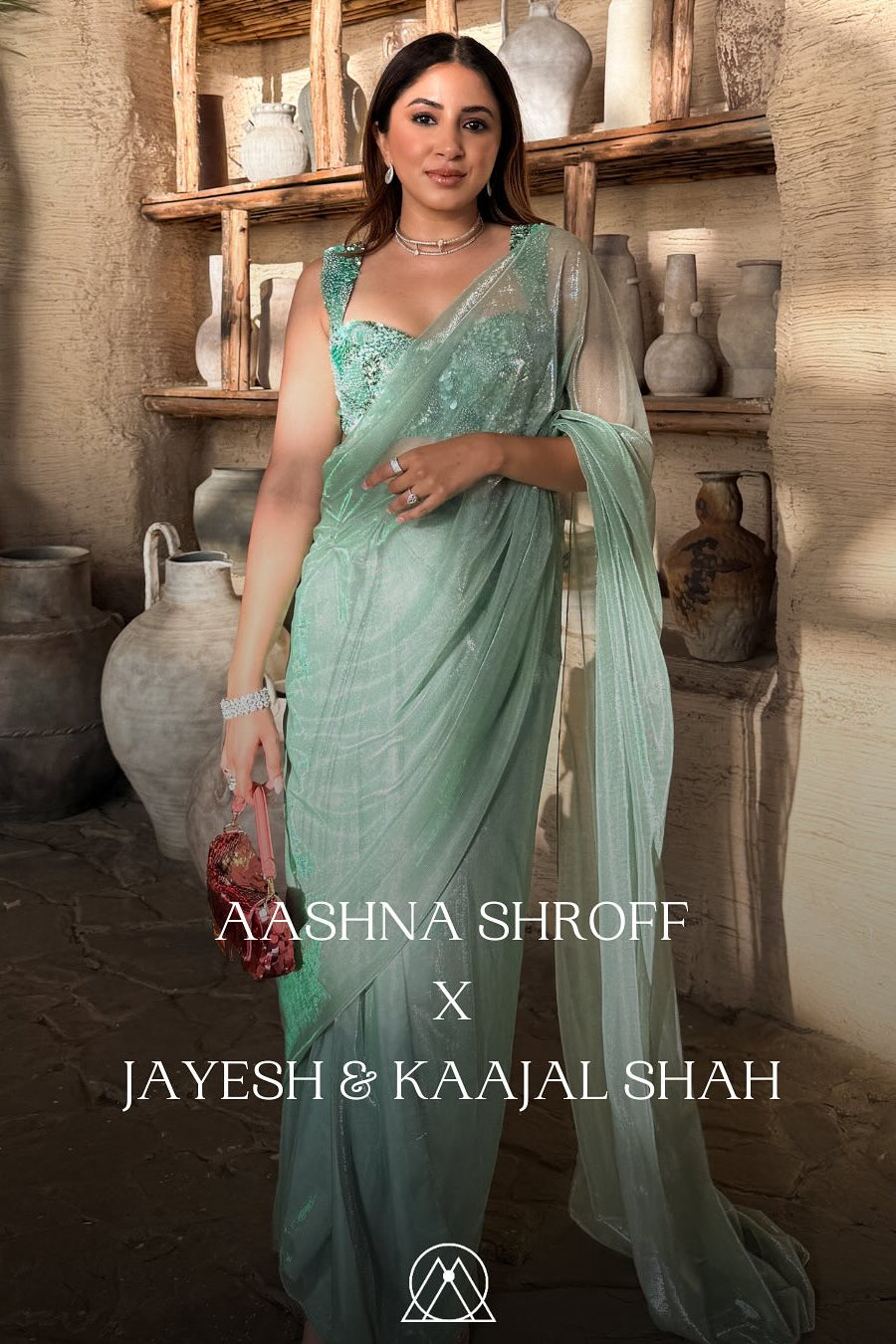 Aashna Shroff – Sage Green Shimmer Saree with Embroidered Blouse