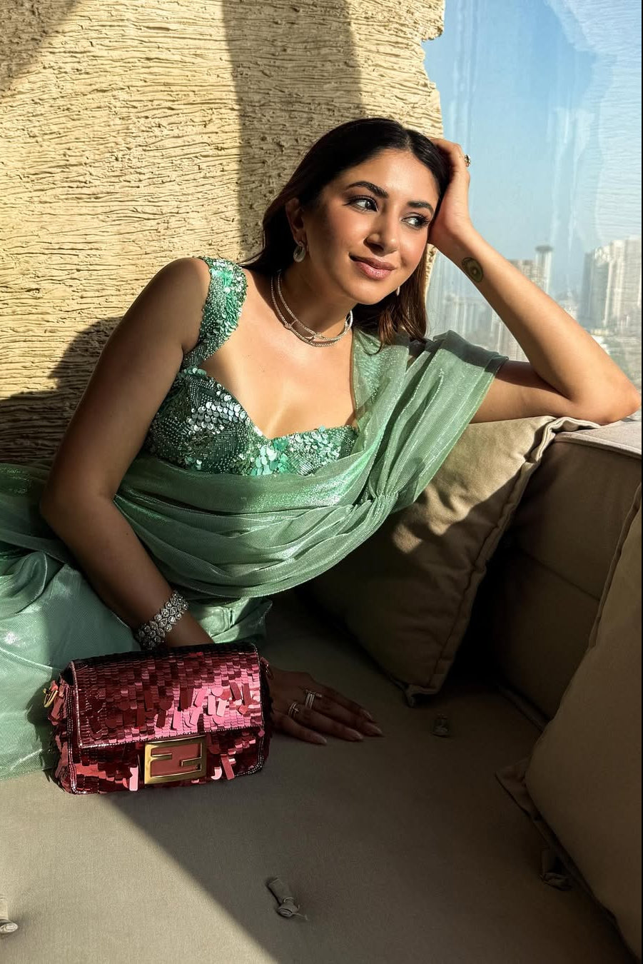Aashna Shroff – Sage Green Shimmer Saree with Embroidered Blouse