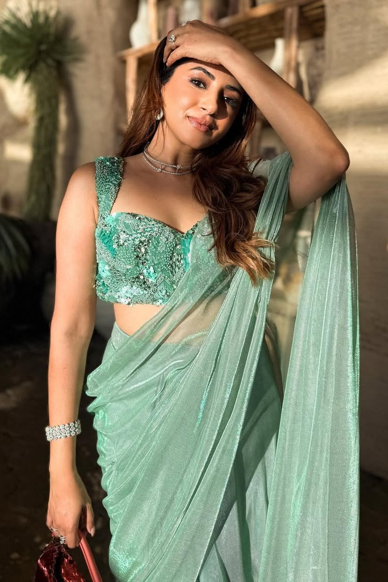 Aashna Shroff – Sage Green Shimmer Saree with Embroidered Blouse