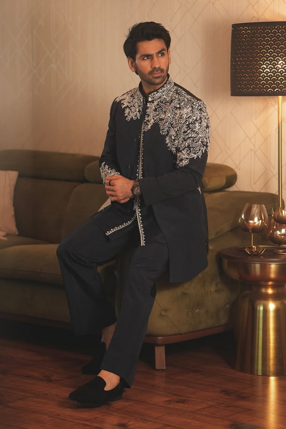 Devashish in Black & Gold Floral Embroidered Bandhgala