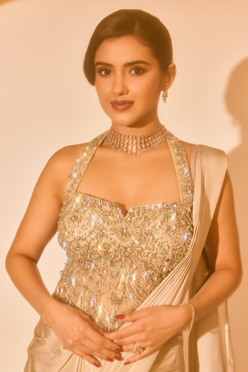 Malvika Sharma – Pearl White Crystal Corset Saree