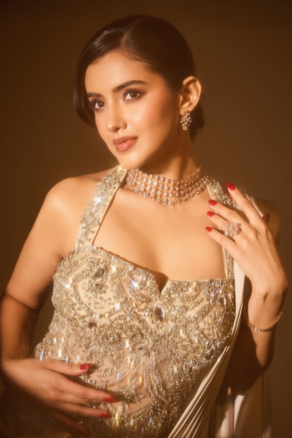 Malvika Sharma – Pearl White Crystal Corset Saree