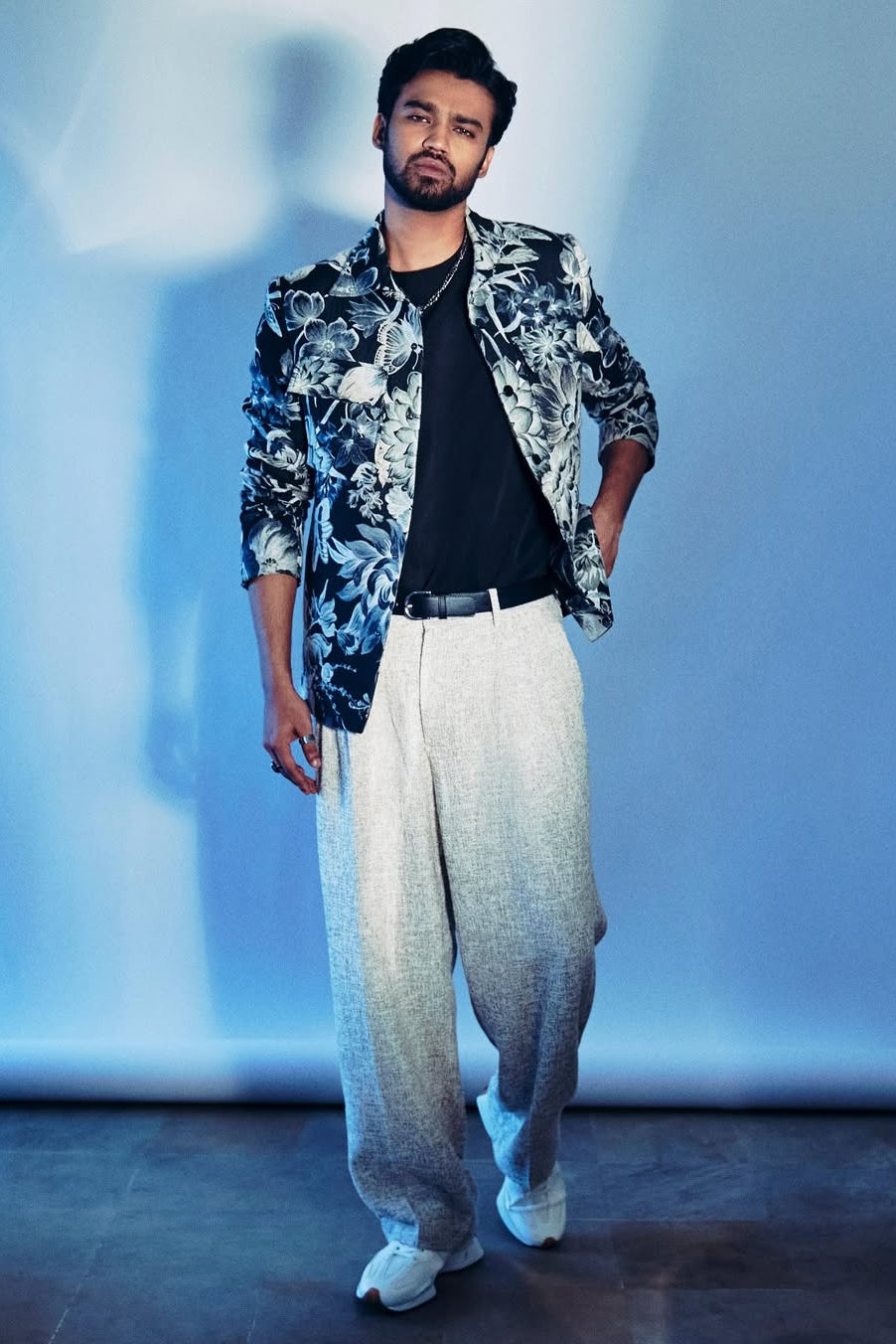 Babil Khan – Navy Botanical Print Jacket with Ivory Wide-Leg Trousers