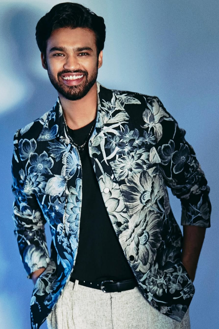 Babil Khan – Navy Botanical Print Jacket with Ivory Wide-Leg Trousers