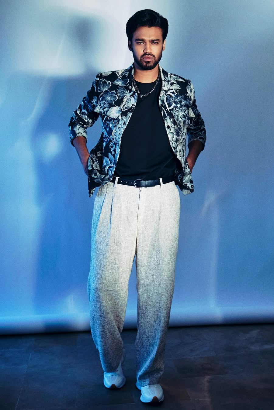 Babil Khan – Navy Botanical Print Jacket with Ivory Wide-Leg Trousers