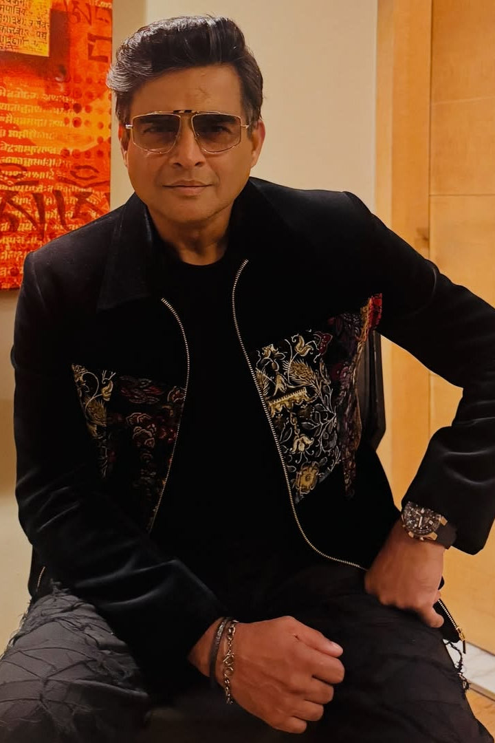 R. Madhavan in the Black Velvet Embroidered Bomber