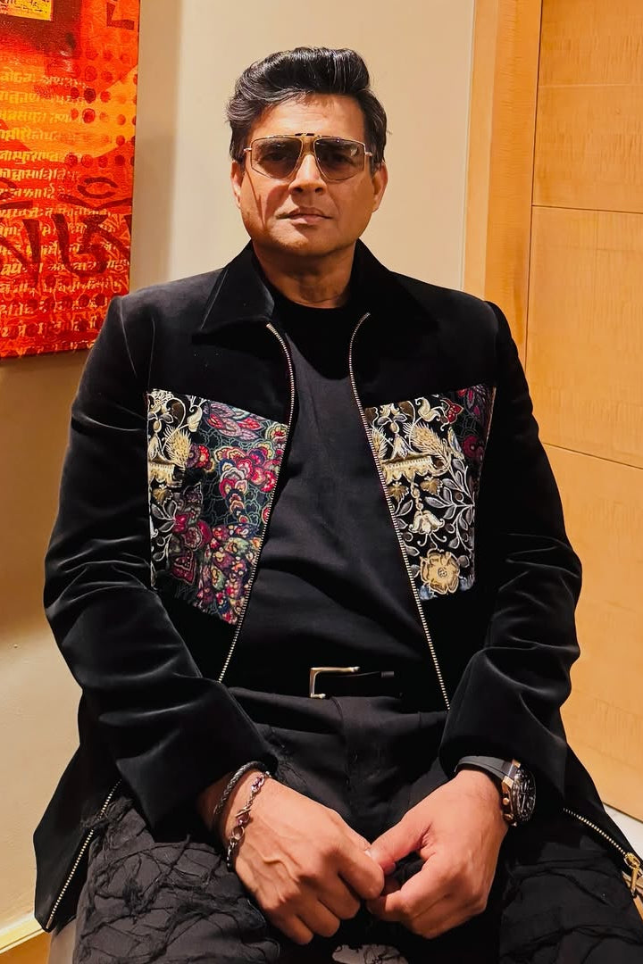 R. Madhavan in the Black Velvet Embroidered Bomber