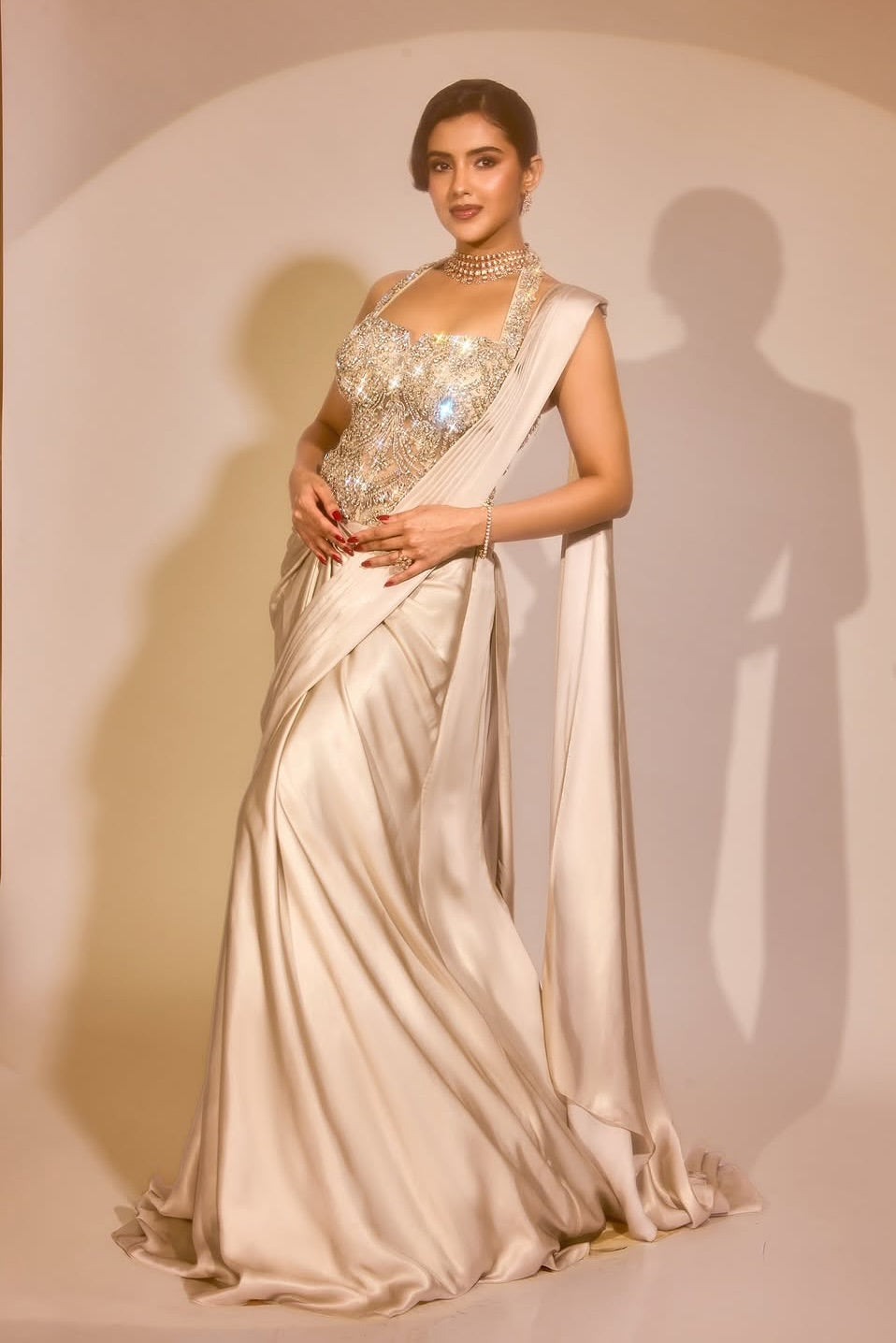 Malvika Sharma – Pearl White Crystal Corset Saree