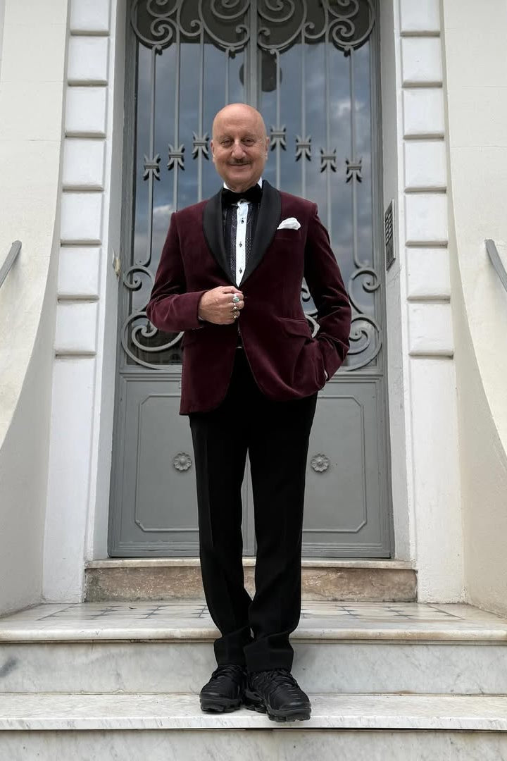 Anupam Kher in Burgundy Velvet Tuxedo Blazer at the Festival de Cannes