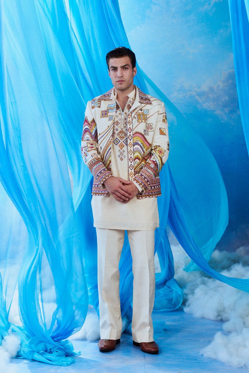The Patchwork Odyssey Ivory Geometric Embroidered Bomber Kurta Set