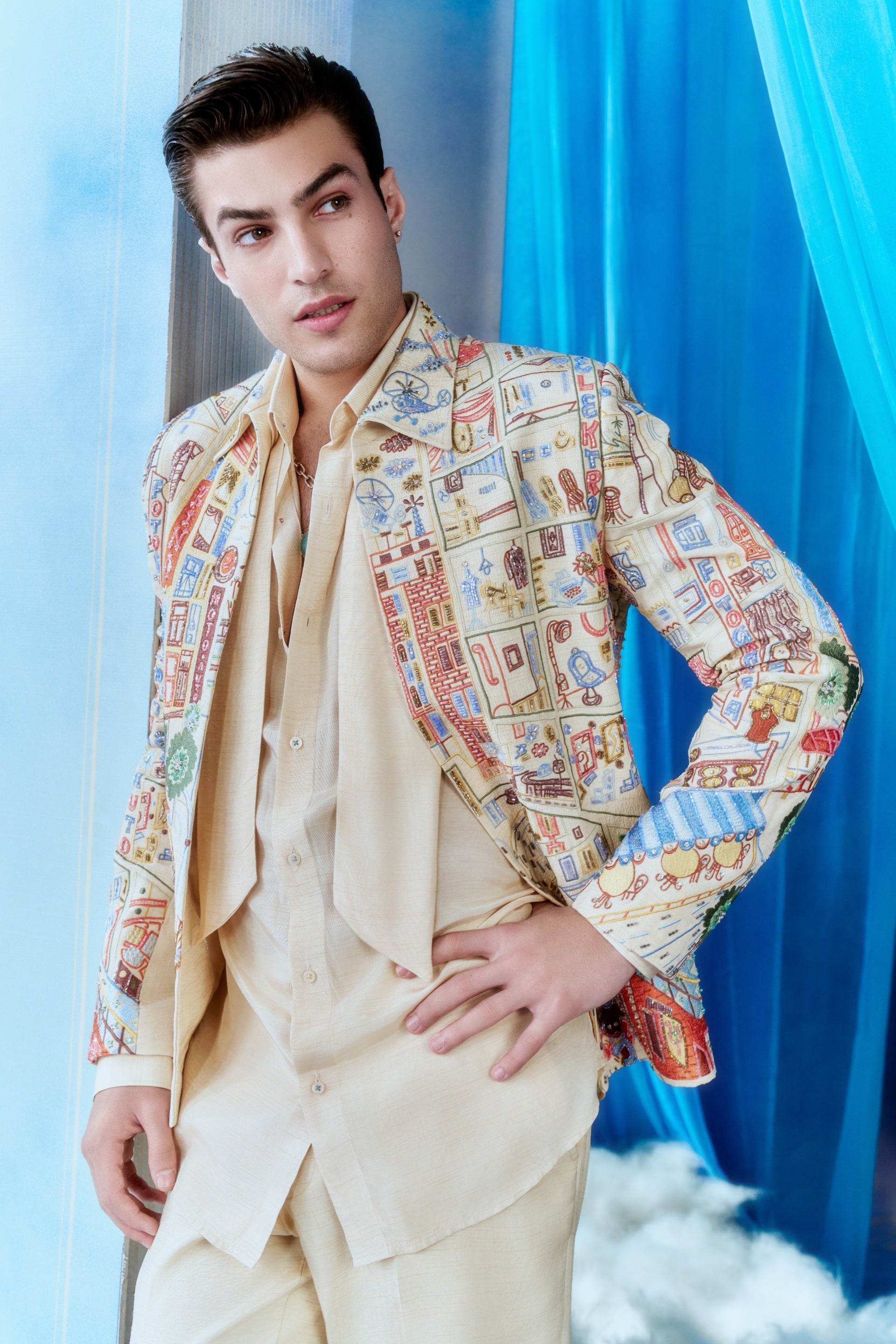 Ivory City Map Embroidered Jacket Set - full look front