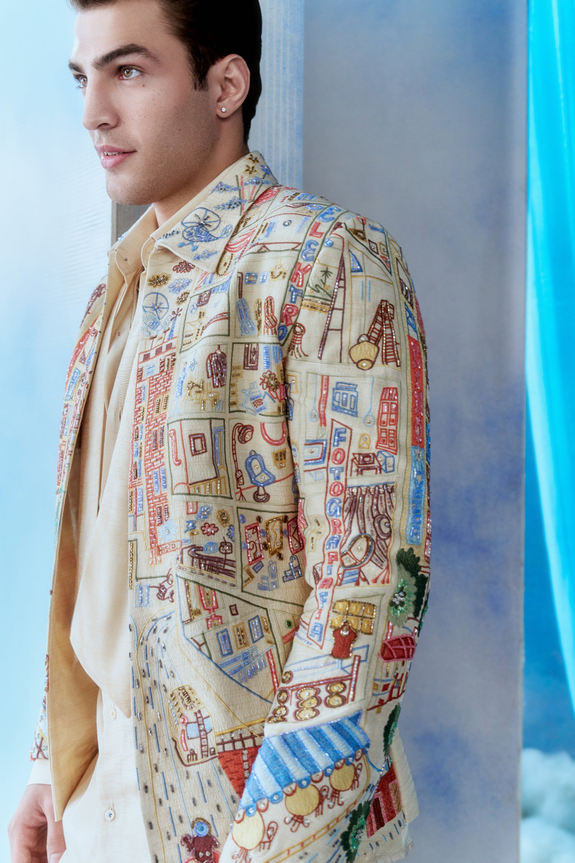 Ivory City Map Embroidered Jacket Set - side profile