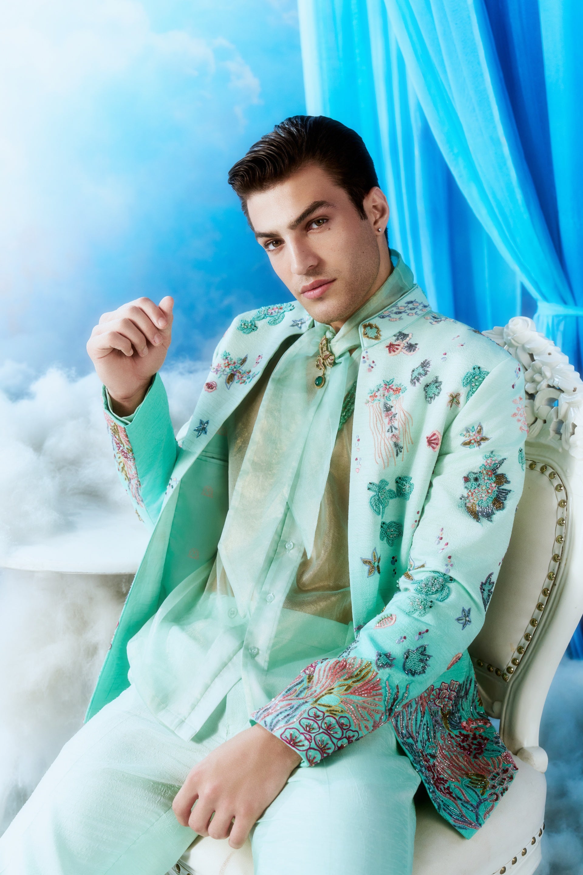 Mint Ocean World Embroidered Jacket Set - full length walking shot