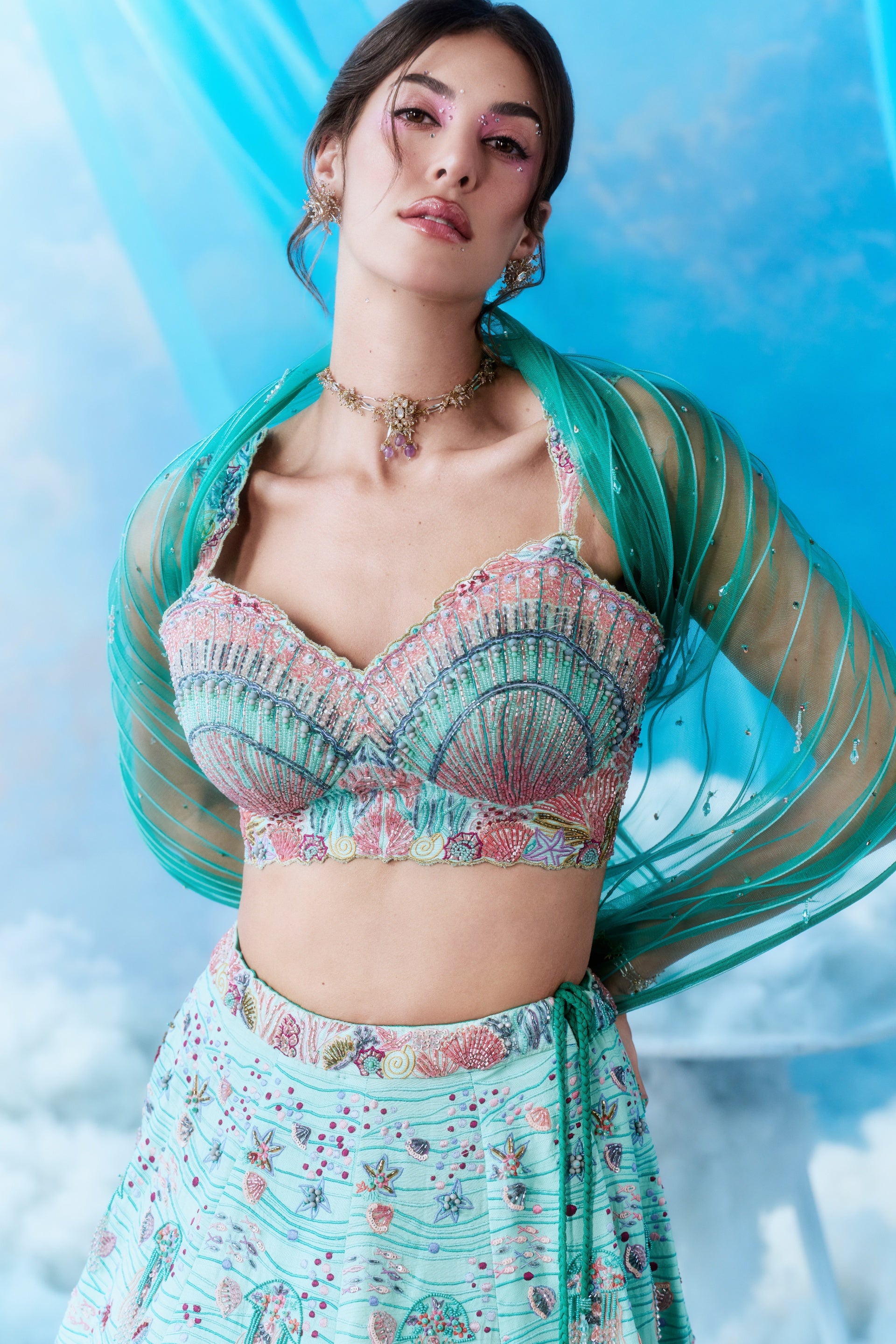 Teal Ombré Ocean Couture Bridal Lehenga - blouse and dupatta close up