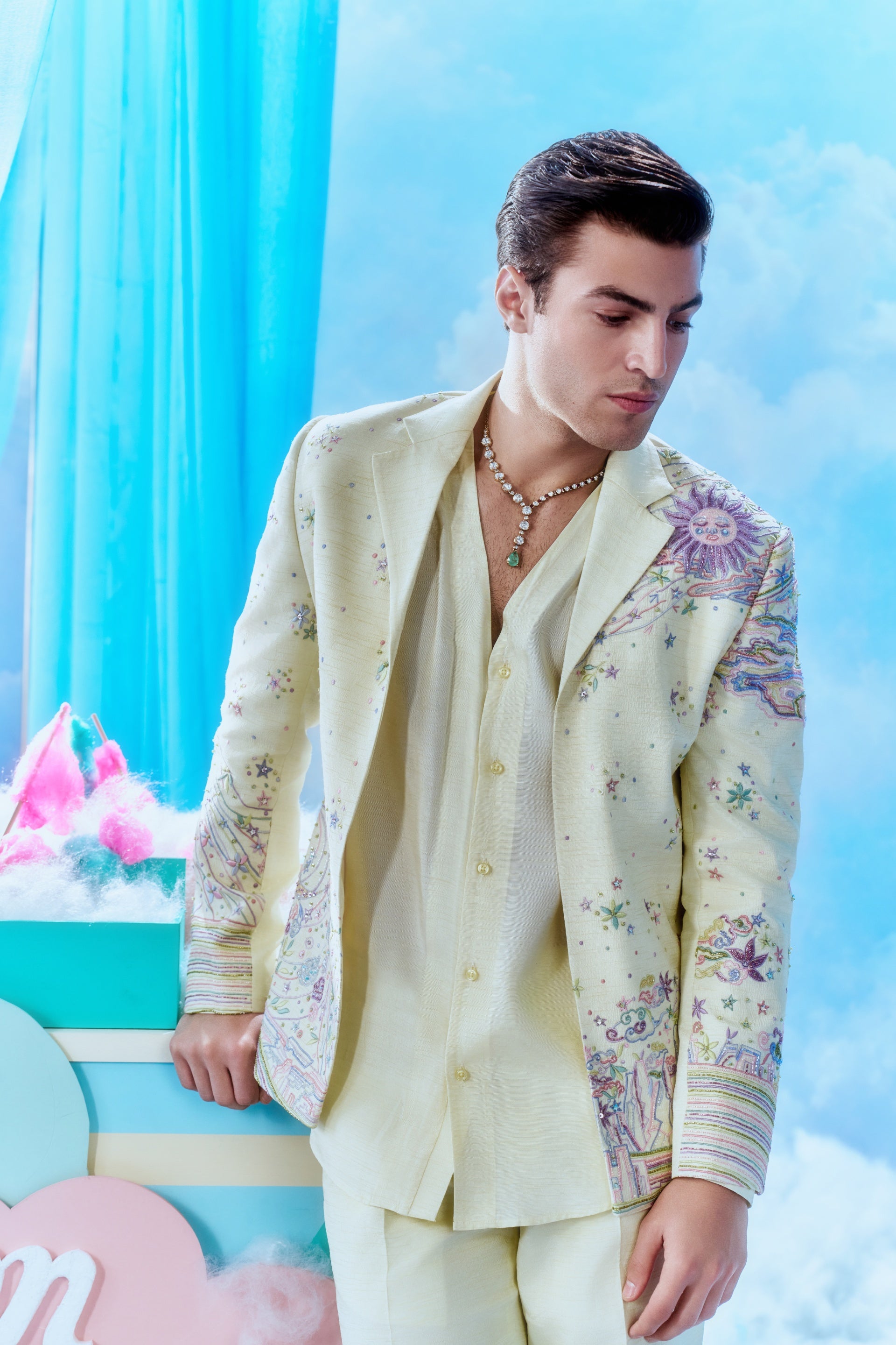 Butter Yellow Celestial Embroidered Blazer Set - close up embroidery detail
