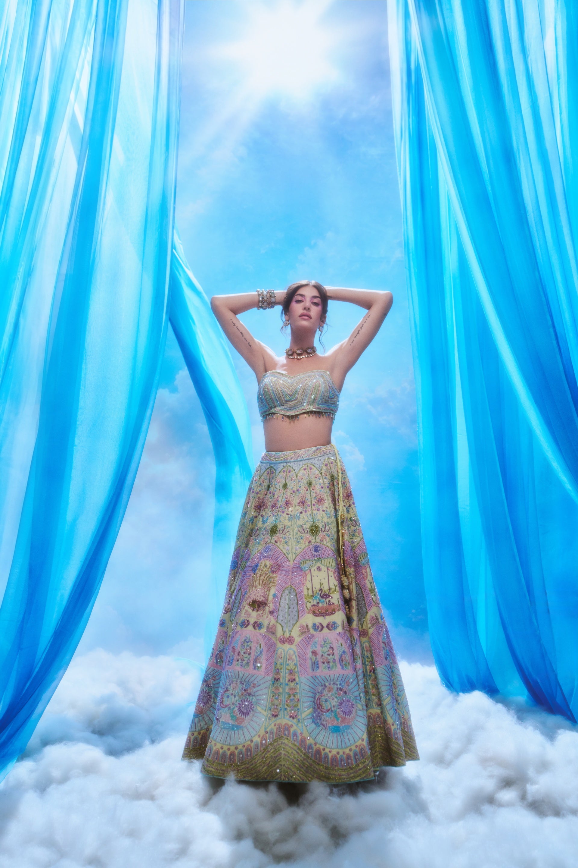 Ivory Gold Celestial Garden Lehenga - full length front look