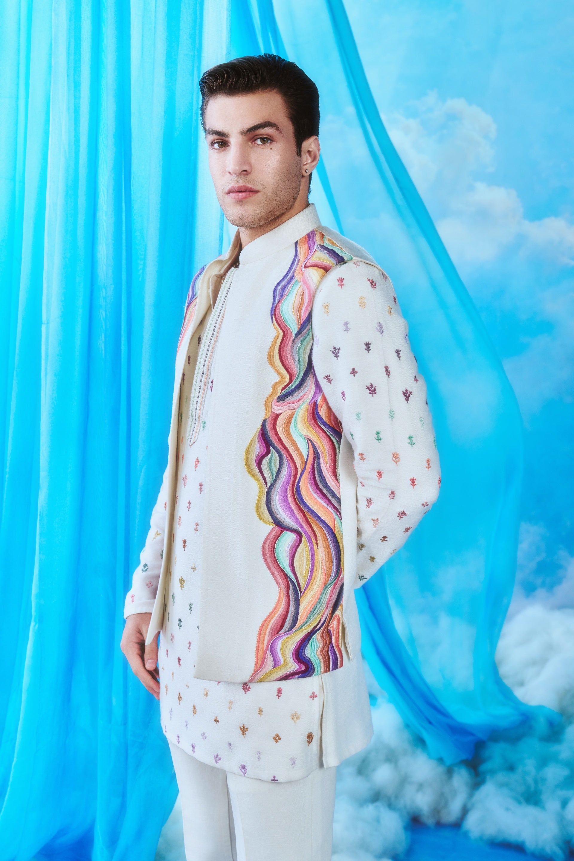 Ivory Rainbow Wave Nehru Jacket Set - side view showing wave stripe detail