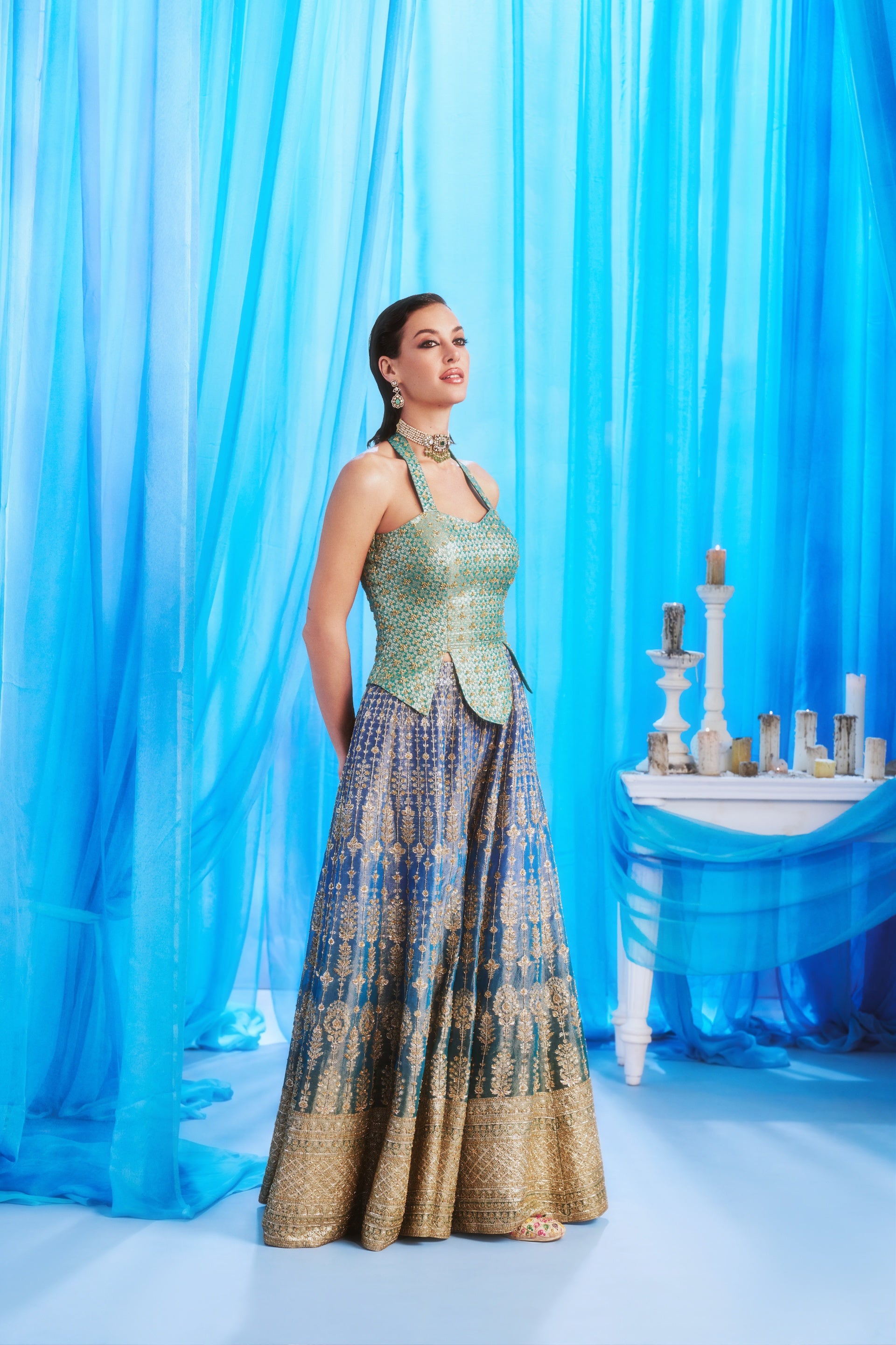 Teal Reverie - full length front look with zardozi blouse and ombre lehenga