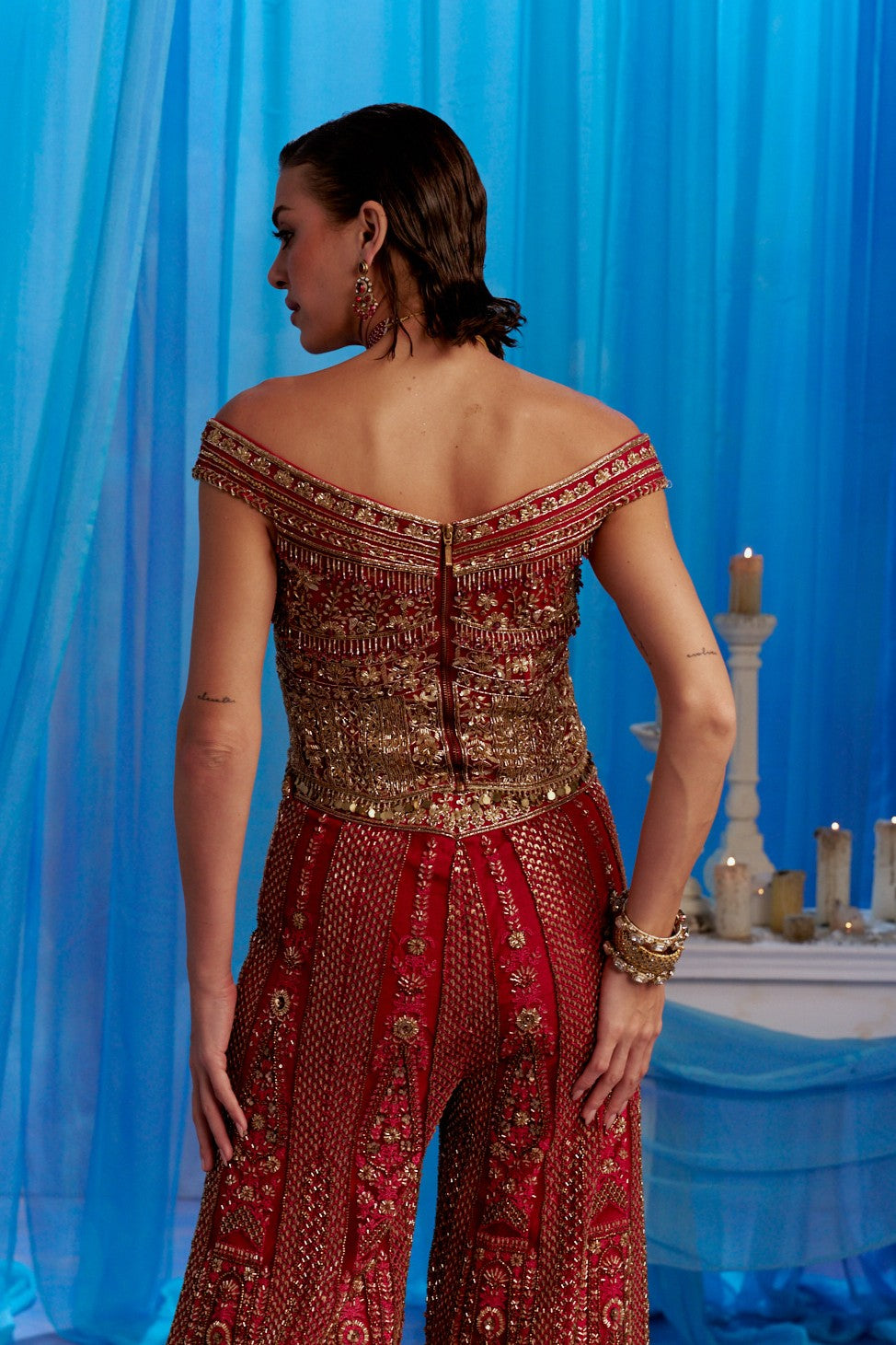 Crimson Zardozi Off-Shoulder Corset Sharara Set - back view