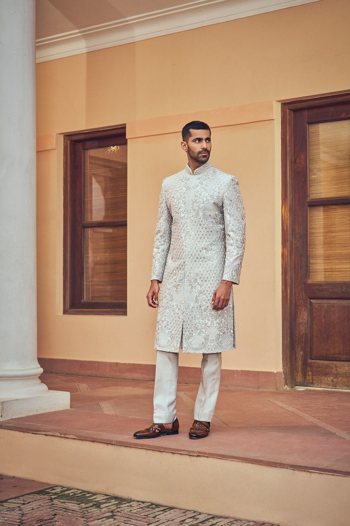 Grey Abstract Embroidered Sherwani