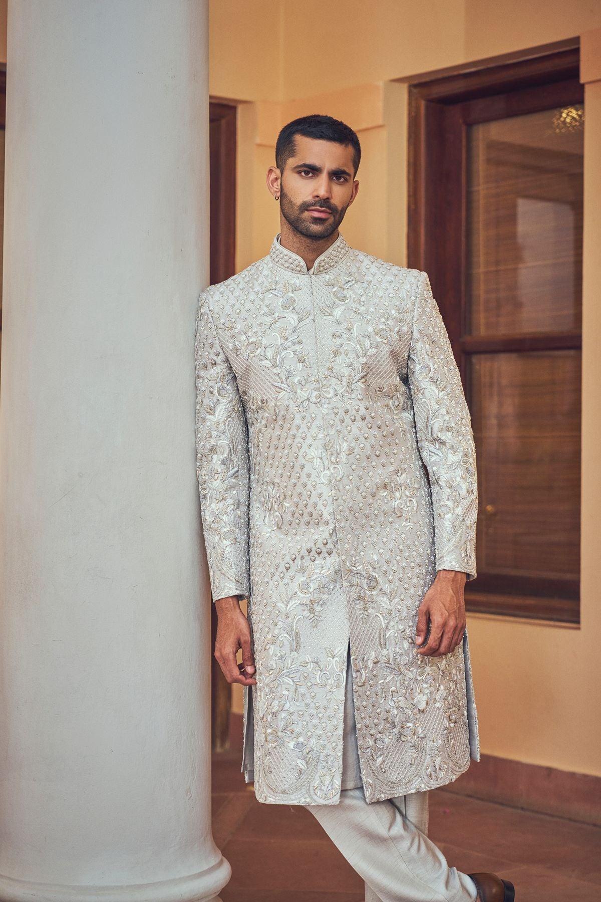 Grey Abstract Embroidered Sherwani