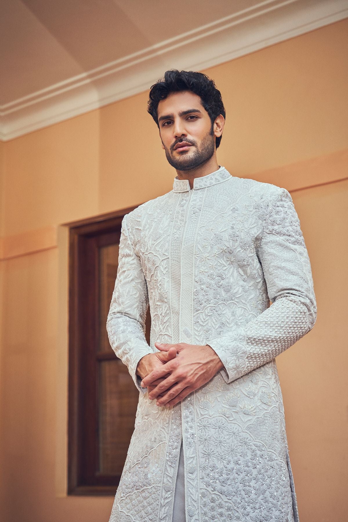Silver Abstract Embroidered Sherwani