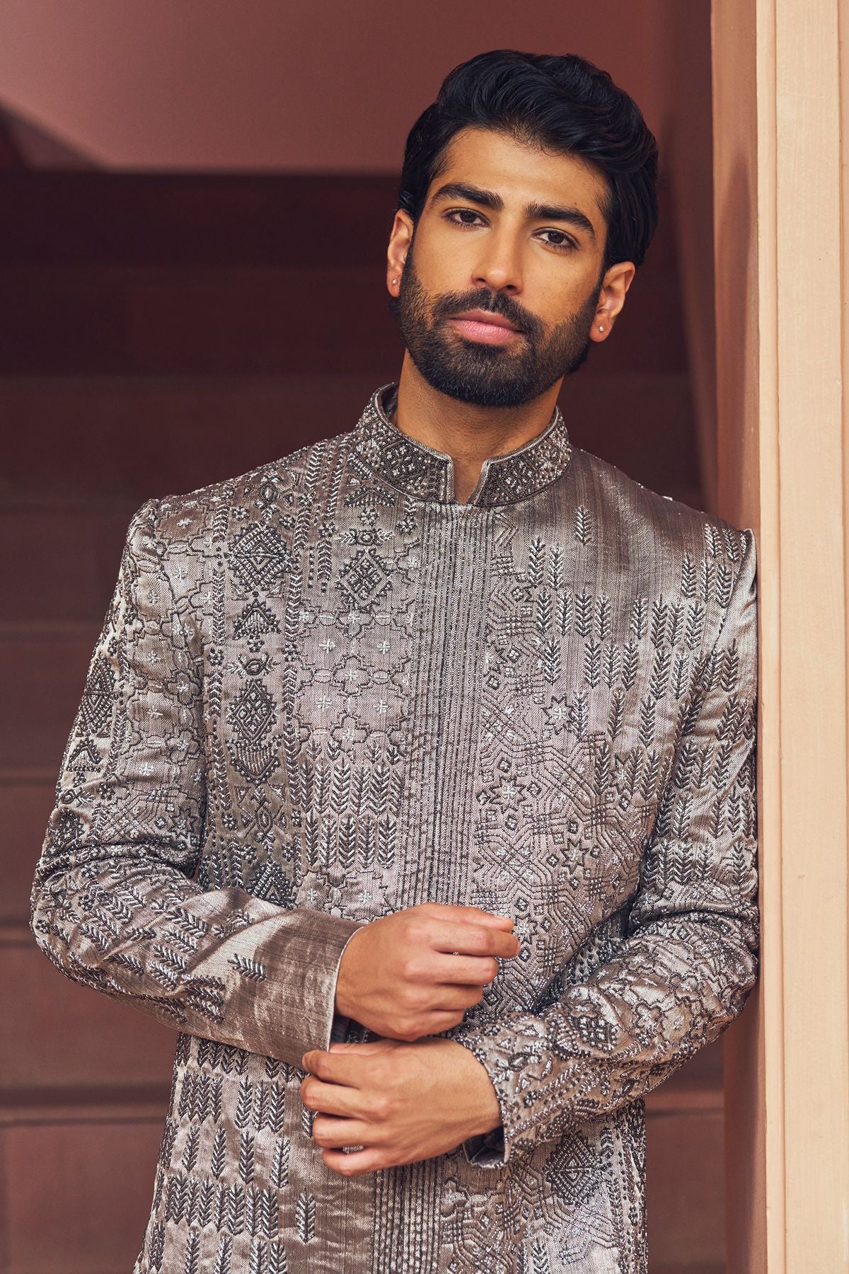 Silver Tissue Embellished Indowestern